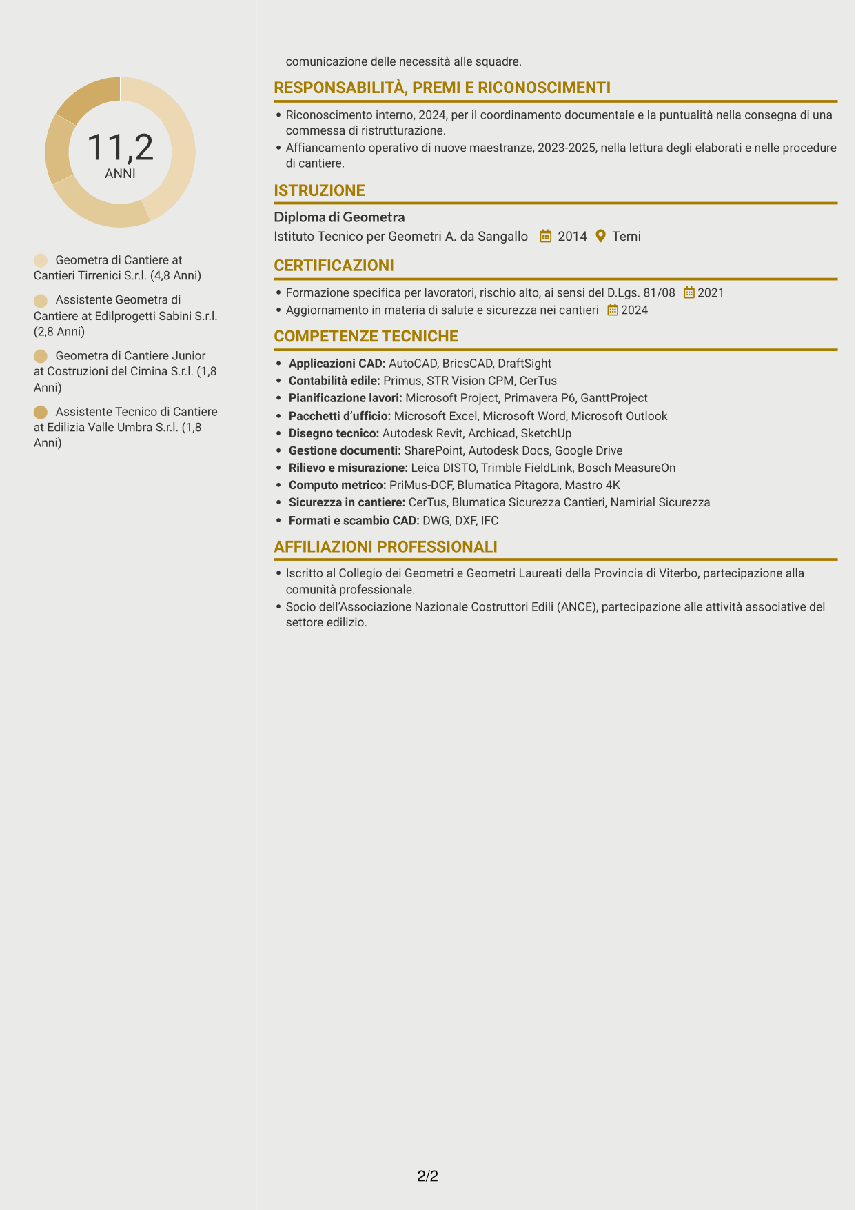 CV Dinamico (formato a due colonne con icone): Geometra di Cantiere - Impianti Civili e Industriali, pagina 2