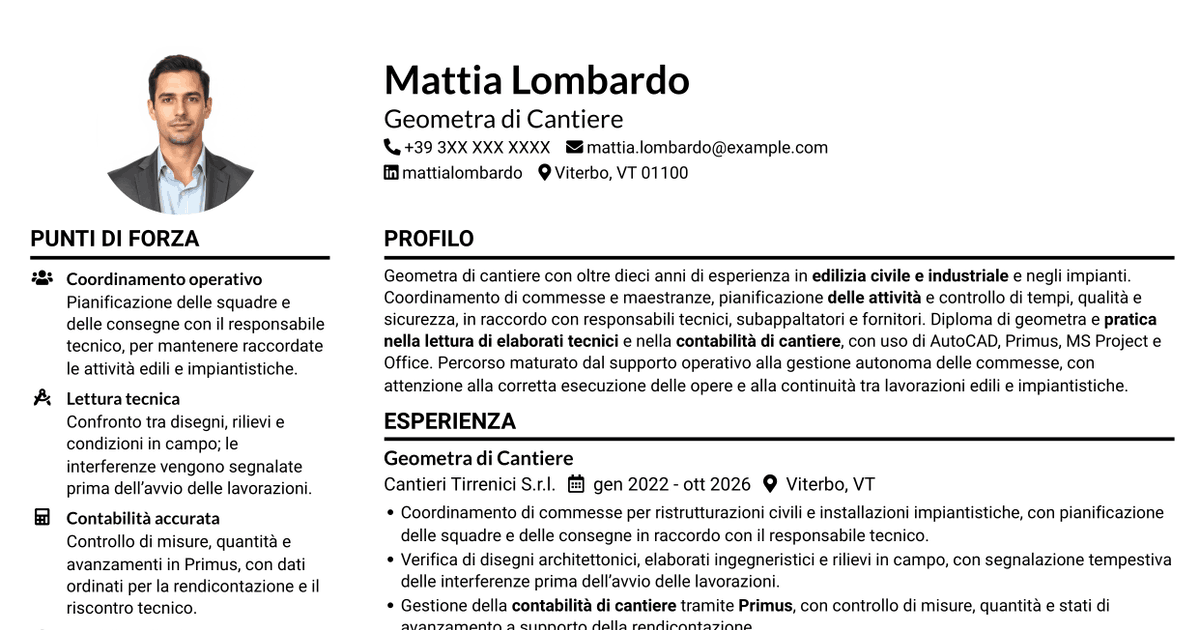 7 modelli di CV per Geometra di Cantiere - Impianti Civili e Industriali, con esempi