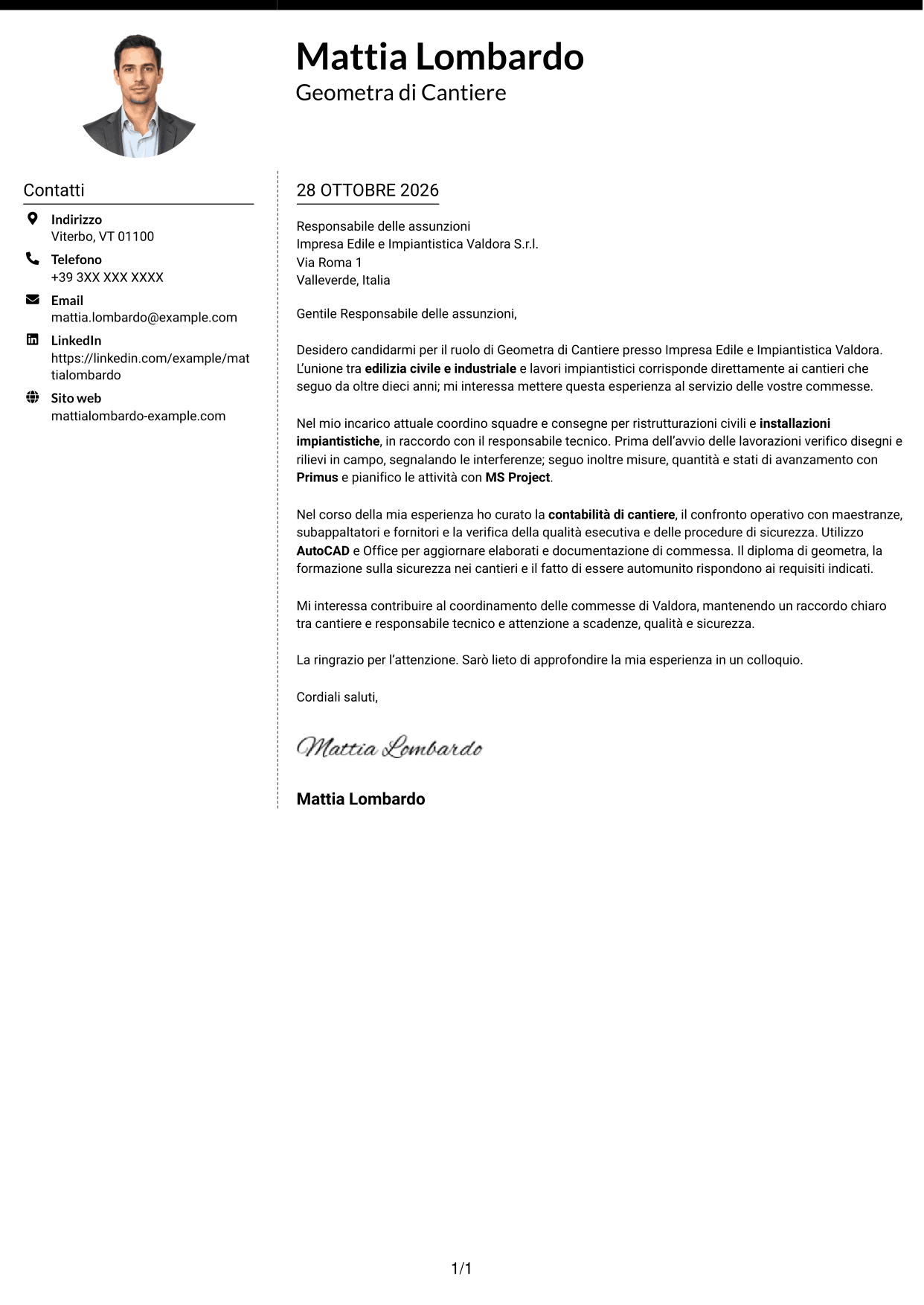 Lettera di presentazione Moderno (formato a due colonne con foto a sinistra e separatore): Geometra di Cantiere - Impianti Civili e Industriali, pagina 1