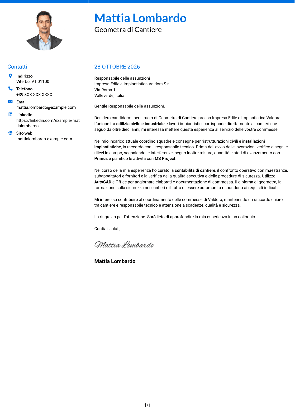 Lettera di presentazione Audace (formato a due colonne con accenti colorati e foto): Geometra di Cantiere - Impianti Civili e Industriali, pagina 1