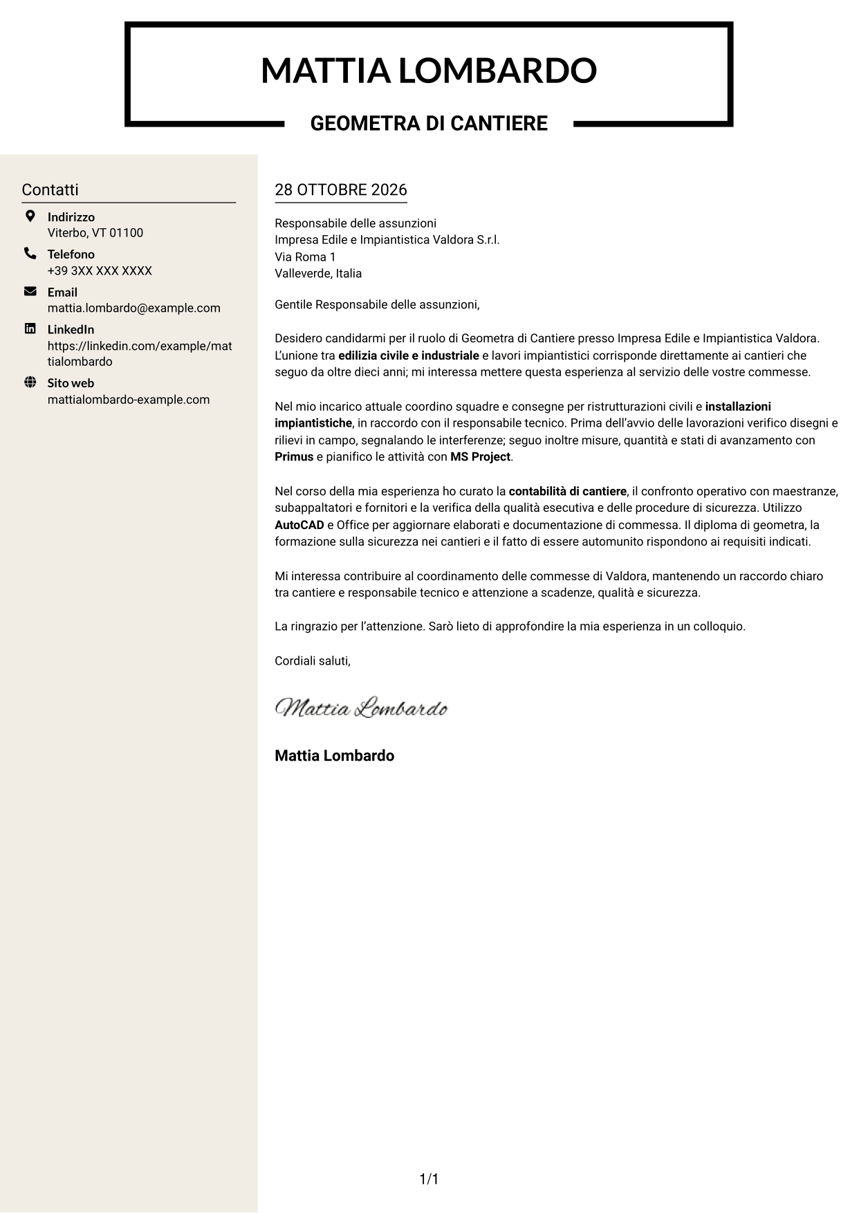 Lettera di presentazione Intraprendente (formato a due colonne con intestazione centrata senza foto): Geometra di Cantiere - Impianti Civili e Industriali, pagina 1