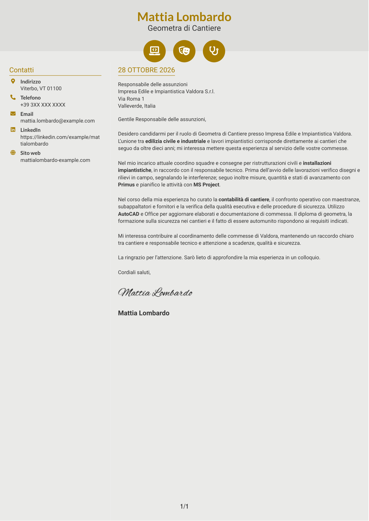 Lettera di presentazione Dinamico (formato a due colonne con icone): Geometra di Cantiere - Impianti Civili e Industriali, pagina 1