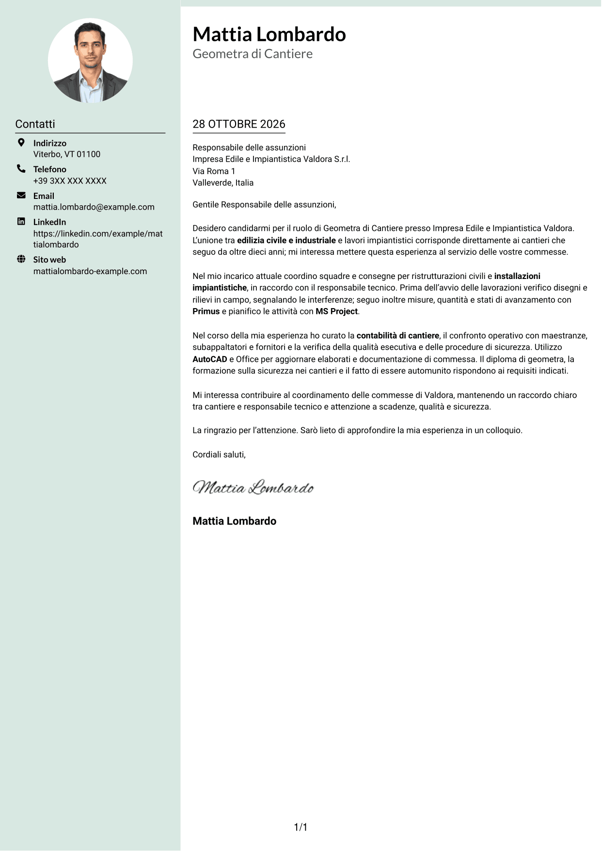 Lettera di presentazione Dirigente (formato con colonna laterale tenue e foto arrotondata): Geometra di Cantiere - Impianti Civili e Industriali, pagina 1