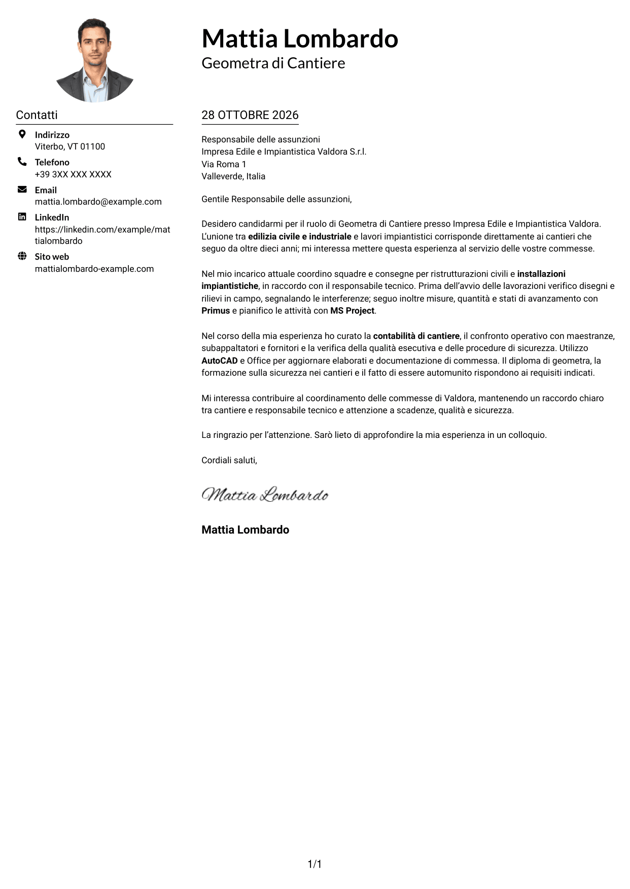 Esempio di lettera di presentazione — pagina 1