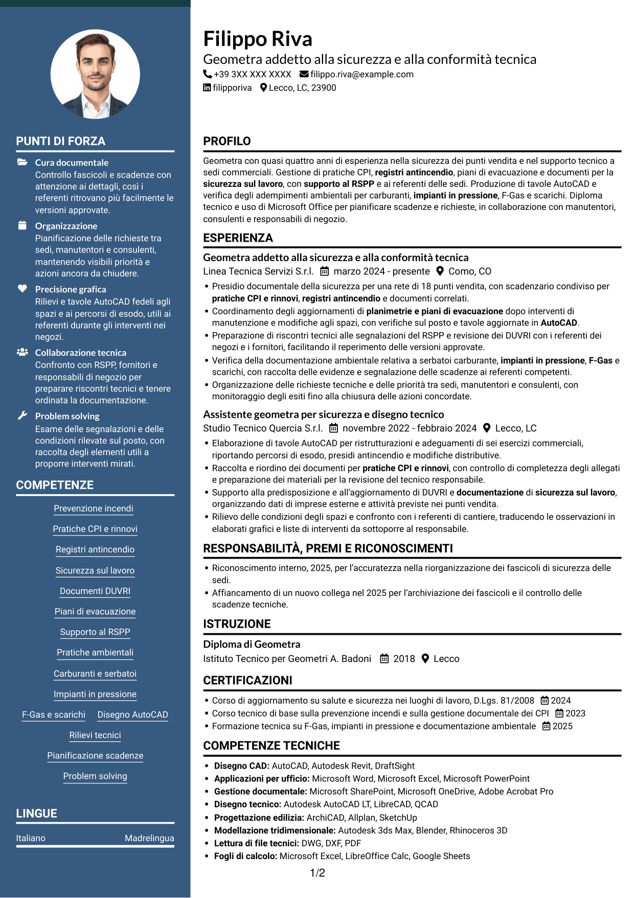 CV Elegante (formato con colonna laterale colorata e foto): Geometra junior - Sicurezza e prevenzione incendi, pagina 1