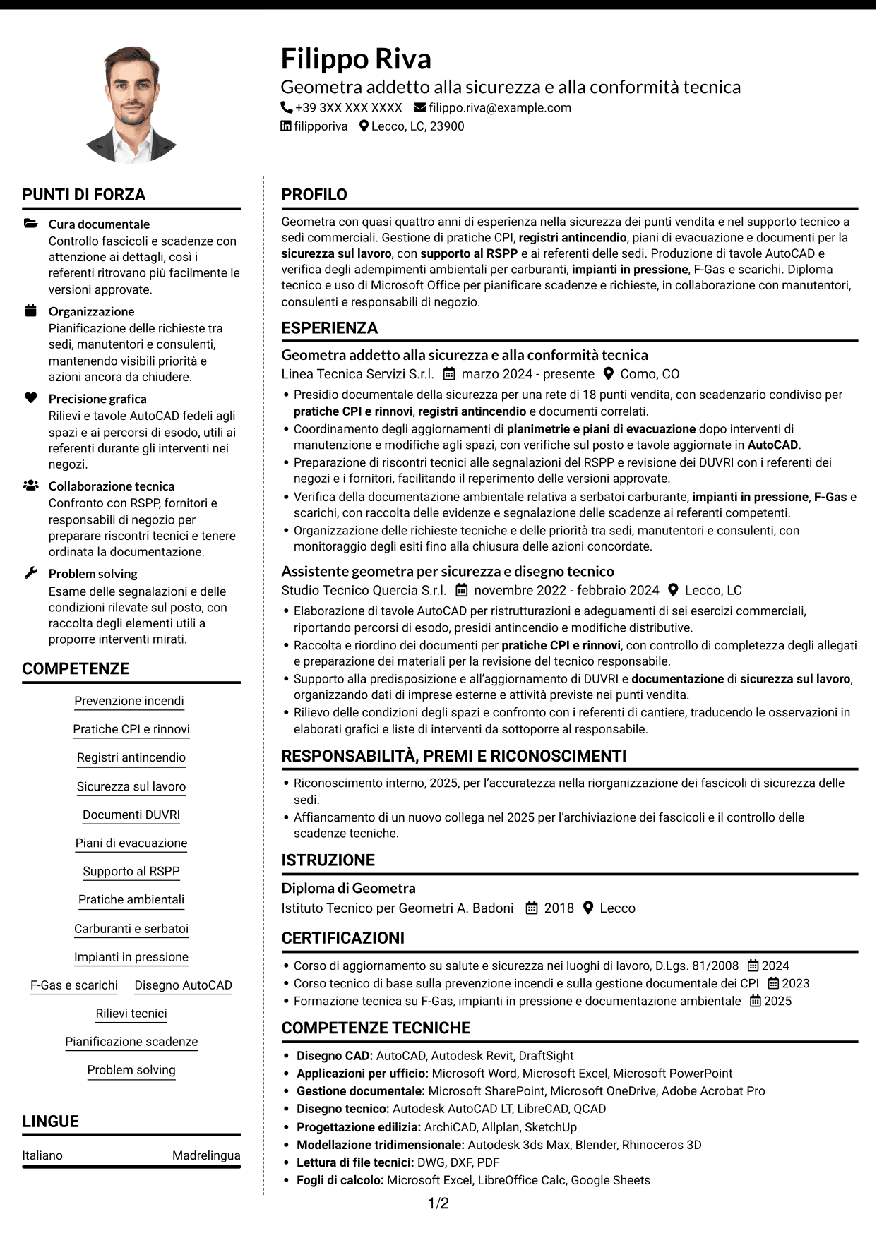CV Moderno (formato a due colonne con foto a sinistra e separatore): Geometra junior - Sicurezza e prevenzione incendi, pagina 1