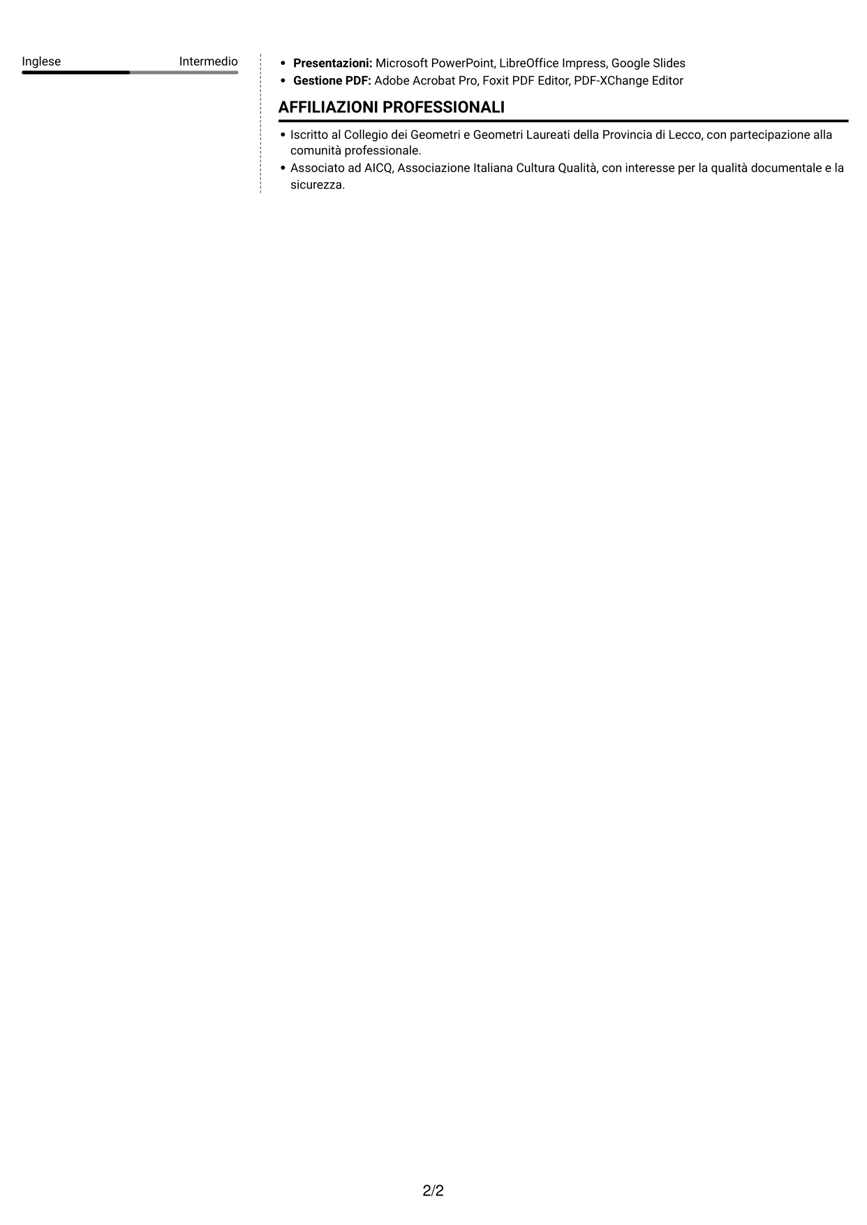 CV Moderno (formato a due colonne con foto a sinistra e separatore): Geometra junior - Sicurezza e prevenzione incendi, pagina 2