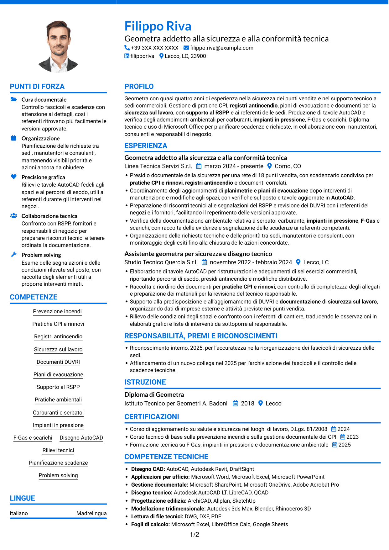 CV Audace (formato a due colonne con accenti colorati e foto): Geometra junior - Sicurezza e prevenzione incendi, pagina 1