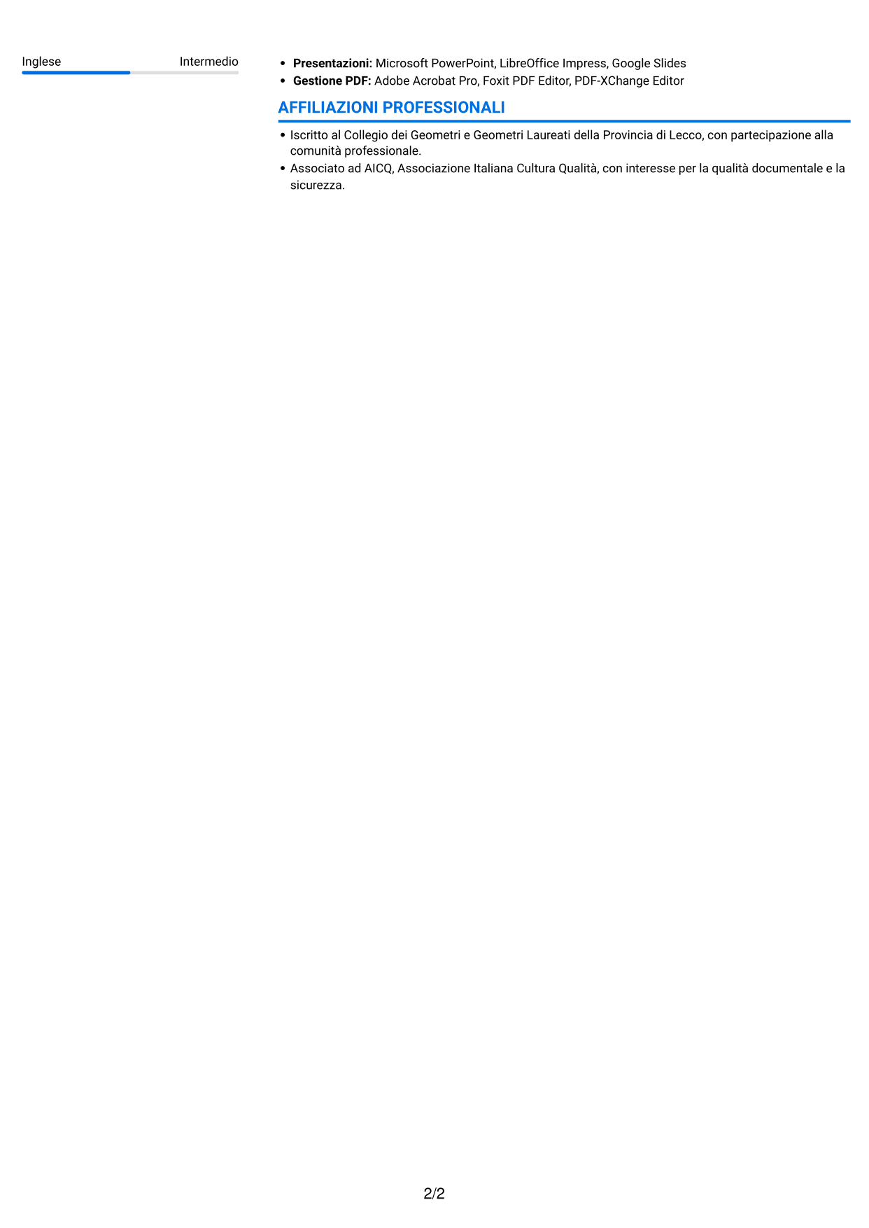 CV Audace (formato a due colonne con accenti colorati e foto): Geometra junior - Sicurezza e prevenzione incendi, pagina 2