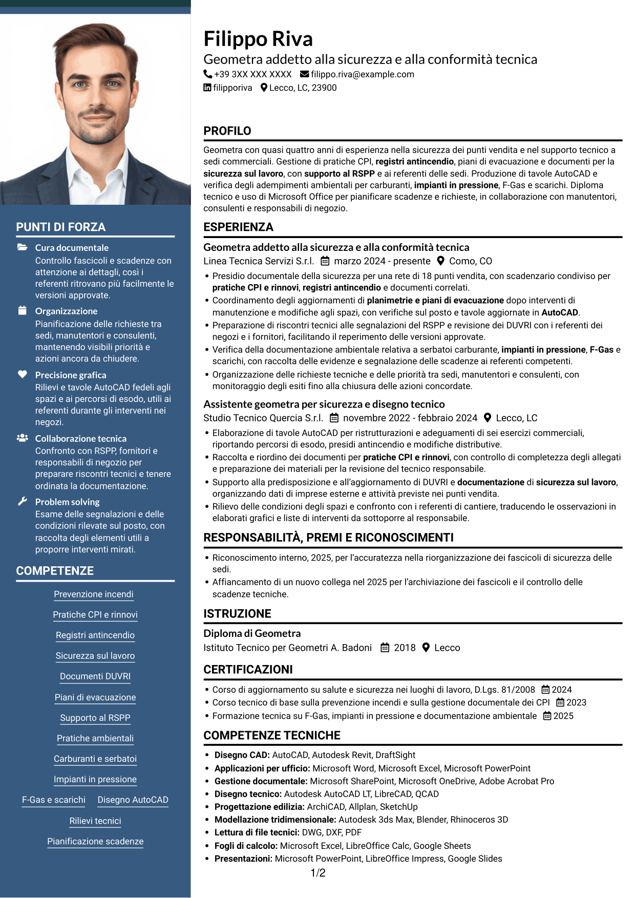 CV Signature (formato con colonna laterale colorata e foto grande): Geometra junior - Sicurezza e prevenzione incendi, pagina 1