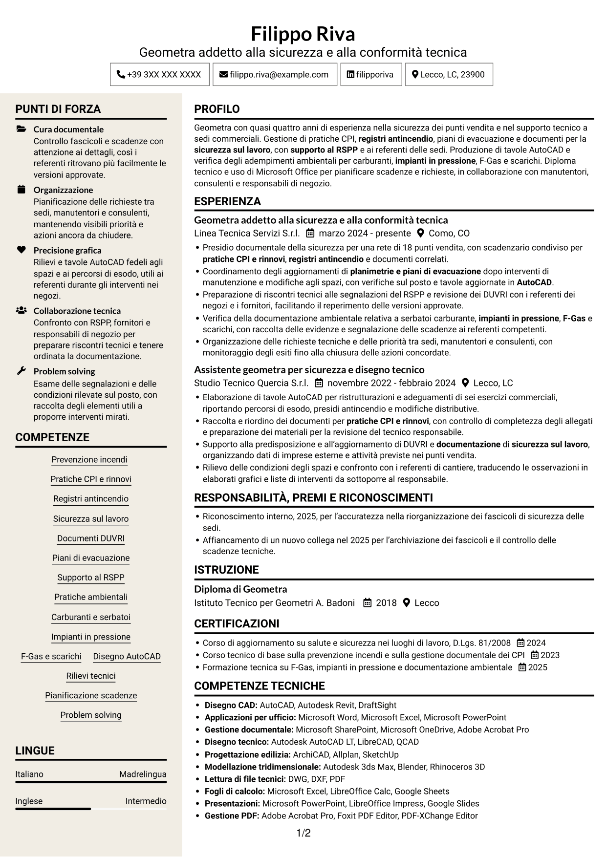 CV Intraprendente (formato a due colonne con intestazione centrata senza foto): Geometra junior - Sicurezza e prevenzione incendi, pagina 1