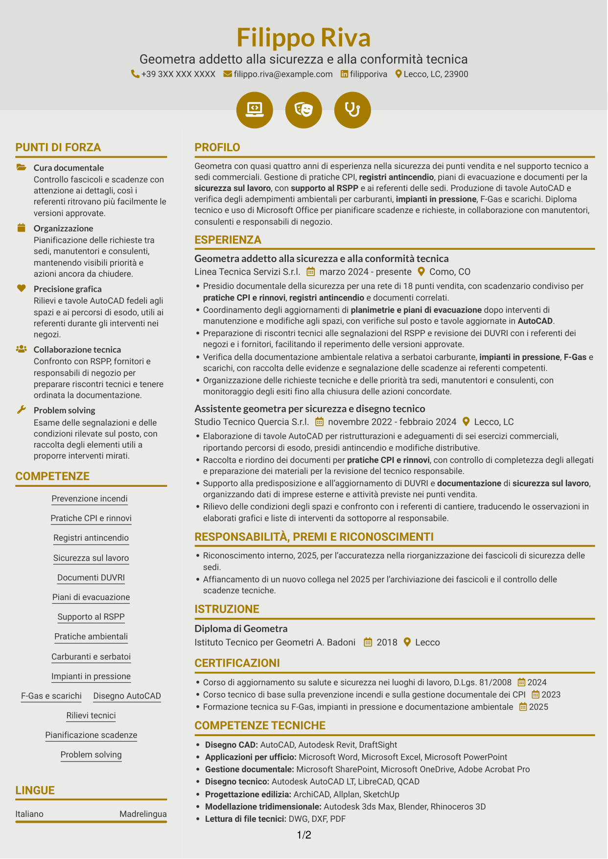 CV Dinamico (formato a due colonne con icone): Geometra junior - Sicurezza e prevenzione incendi, pagina 1