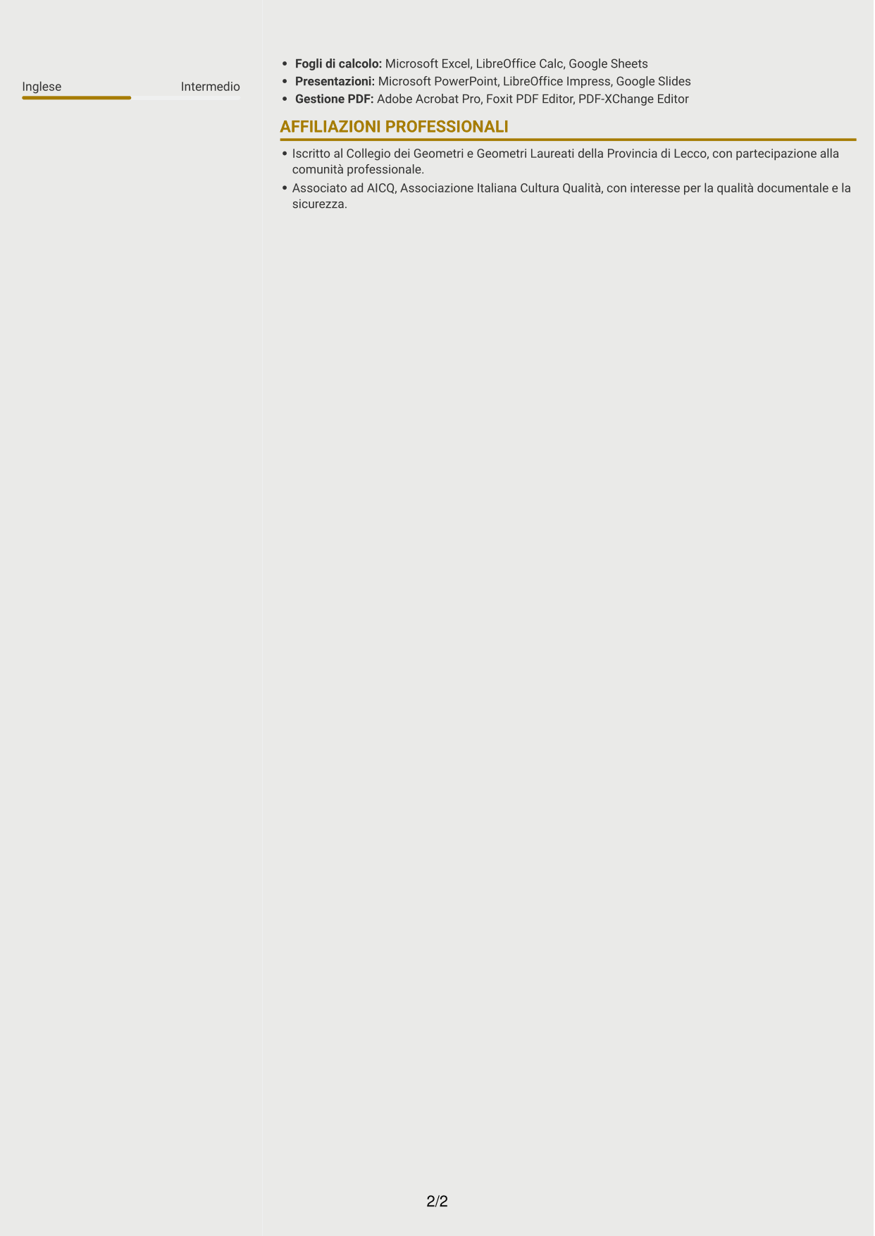 CV Dinamico (formato a due colonne con icone): Geometra junior - Sicurezza e prevenzione incendi, pagina 2