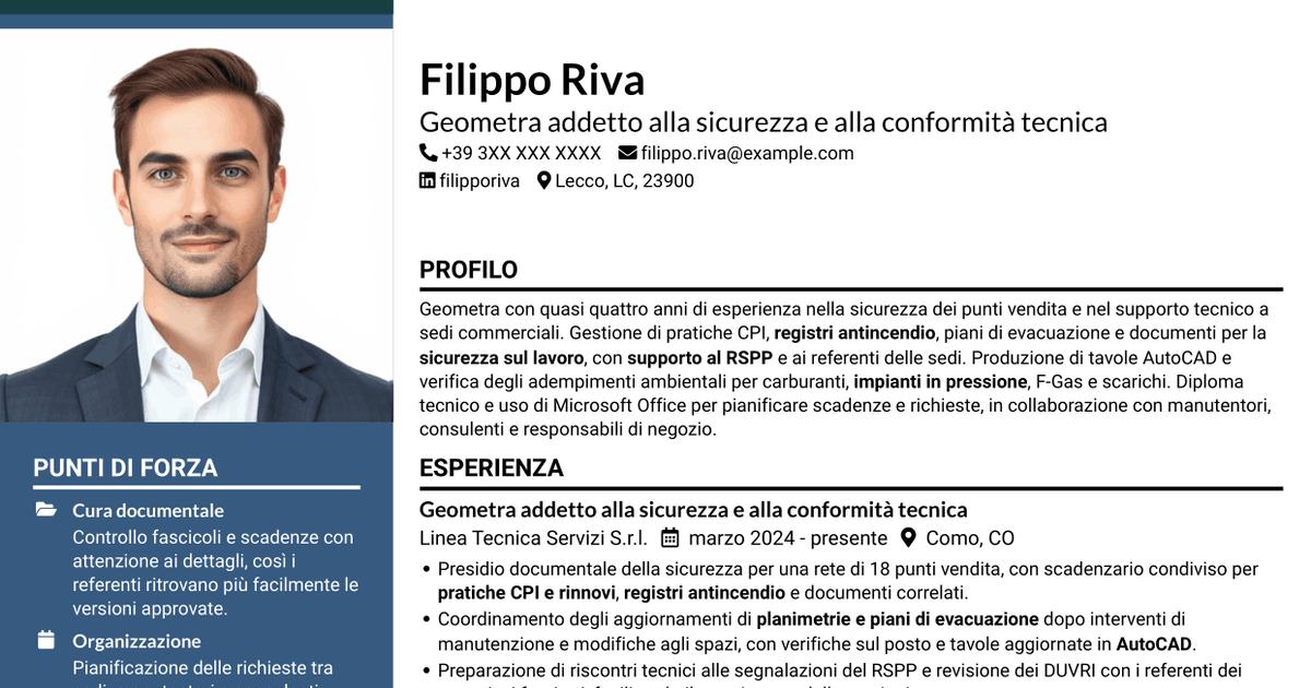 7 modelli di CV per Geometra junior - Sicurezza e prevenzione incendi, con esempi