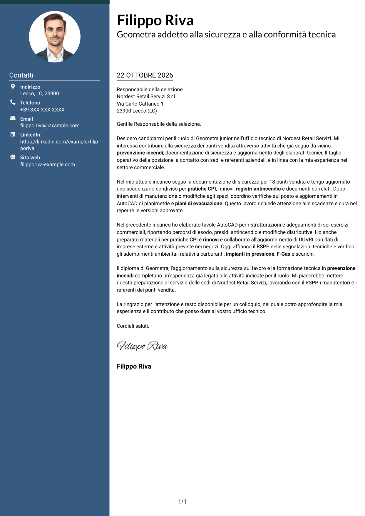 Lettera di presentazione Elegante (formato con colonna laterale colorata e foto): Geometra junior - Sicurezza e prevenzione incendi, pagina 1