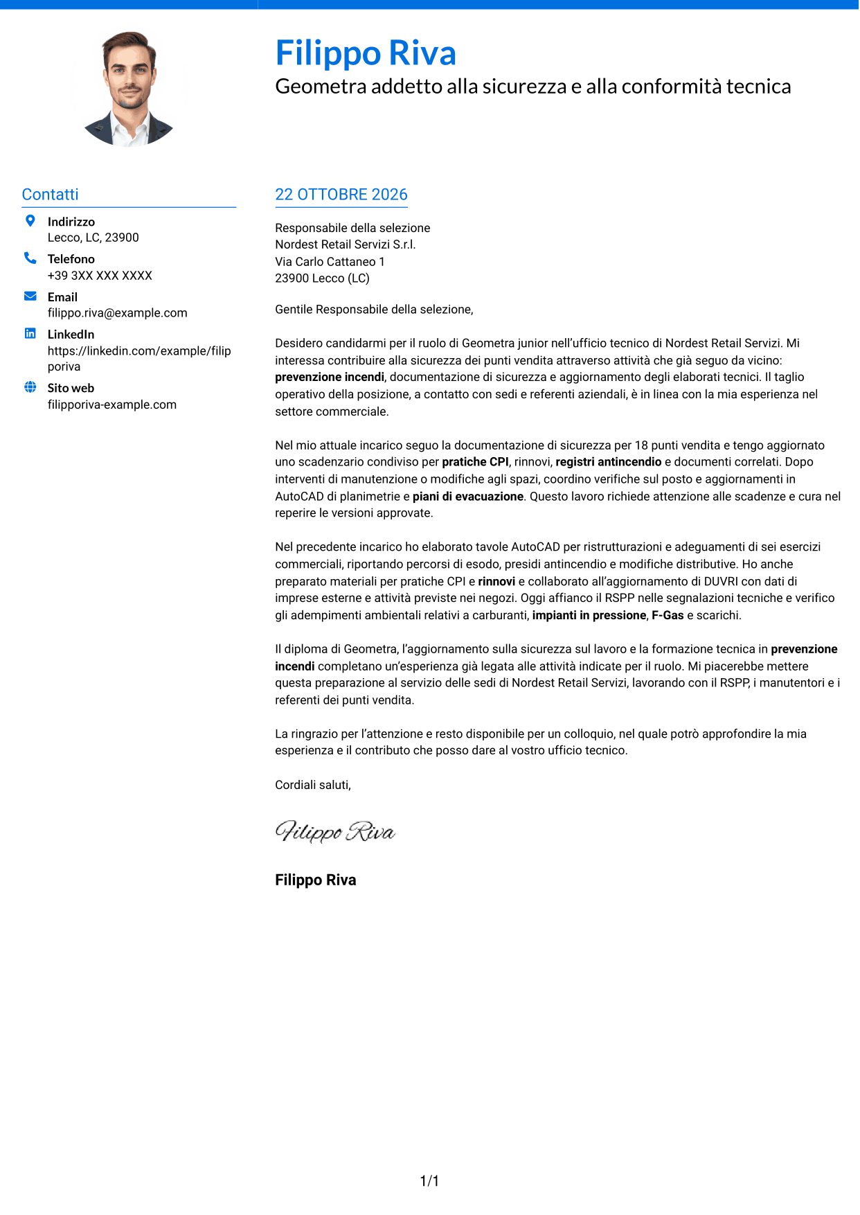 Lettera di presentazione Audace (formato a due colonne con accenti colorati e foto): Geometra junior - Sicurezza e prevenzione incendi, pagina 1