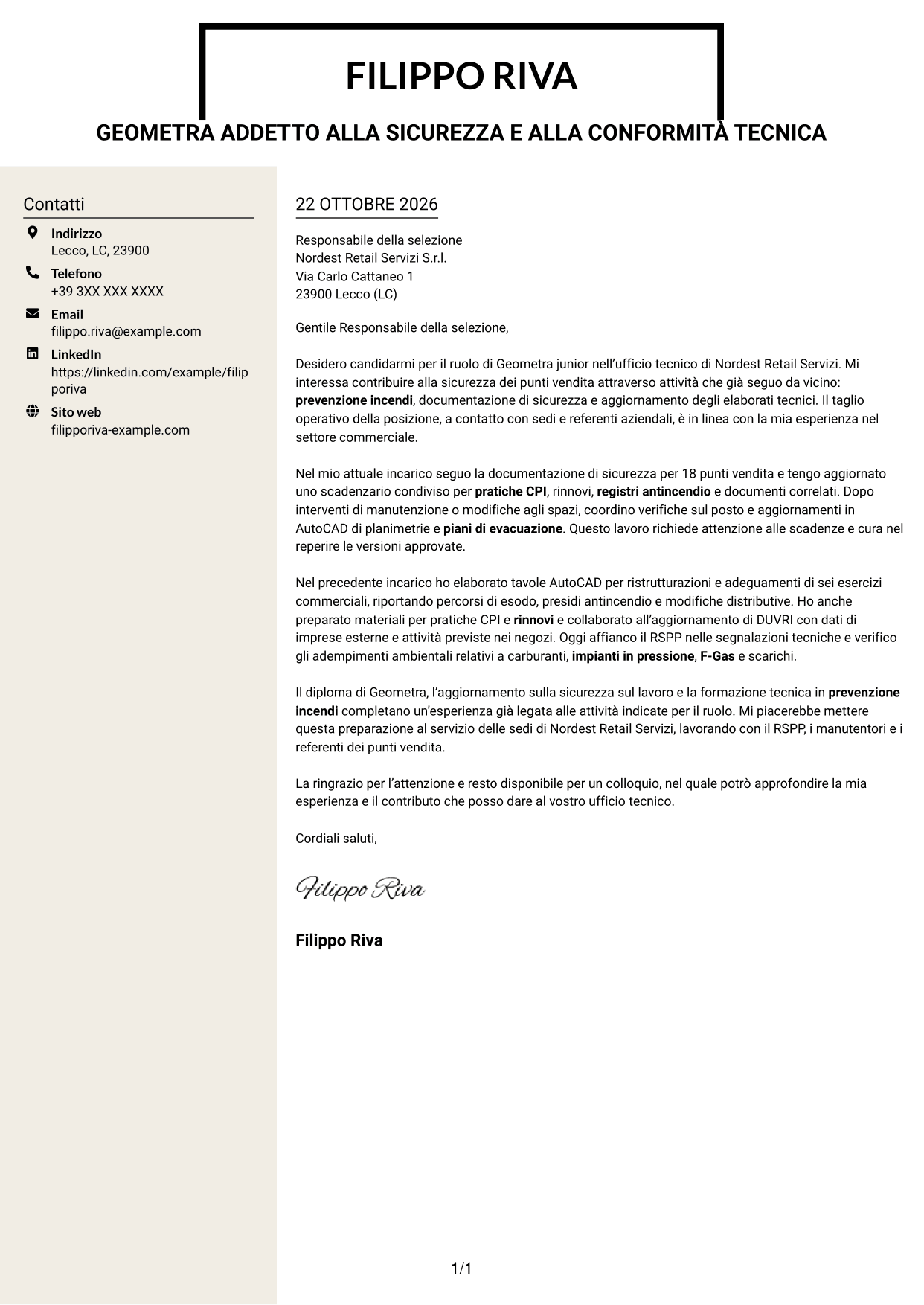 Lettera di presentazione Intraprendente (formato a due colonne con intestazione centrata senza foto): Geometra junior - Sicurezza e prevenzione incendi, pagina 1