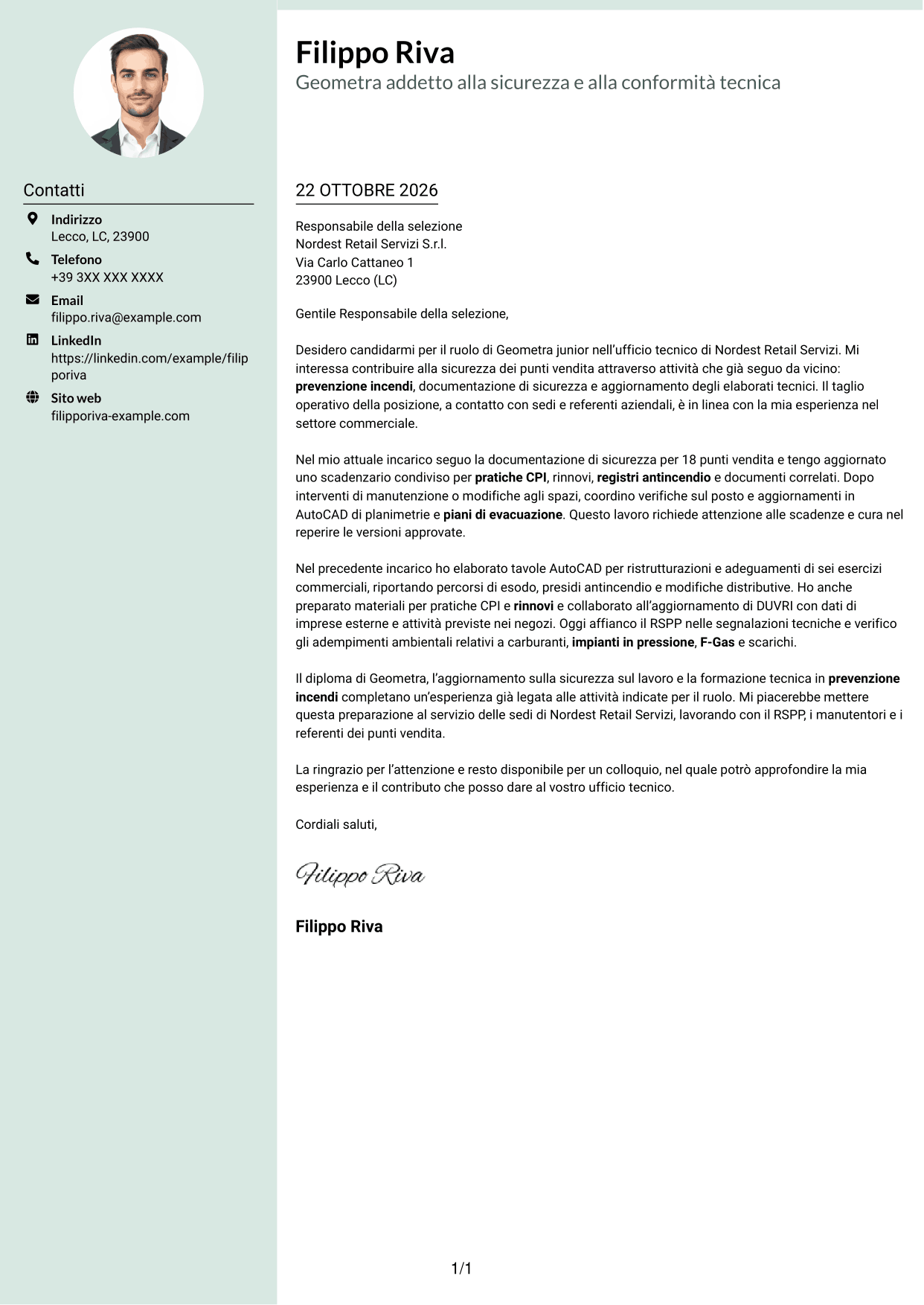 Lettera di presentazione Dirigente (formato con colonna laterale tenue e foto arrotondata): Geometra junior - Sicurezza e prevenzione incendi, pagina 1