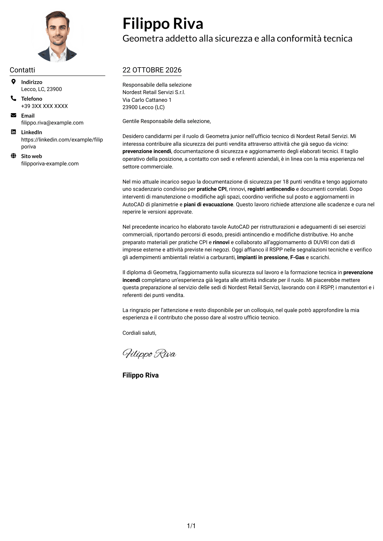 Esempio di lettera di presentazione — pagina 1