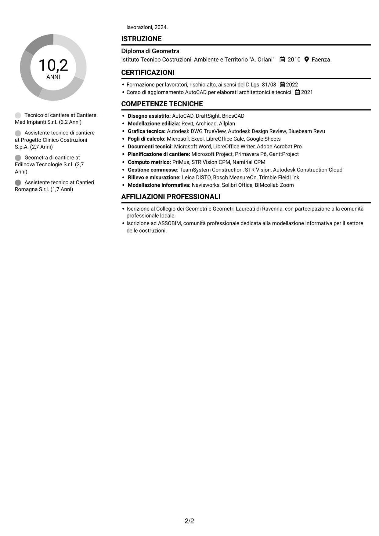 CV Compatto (formato sobrio a due colonne con foto): Geometra / Tecnico di cantiere - Allestimenti ospedalieri, pagina 2