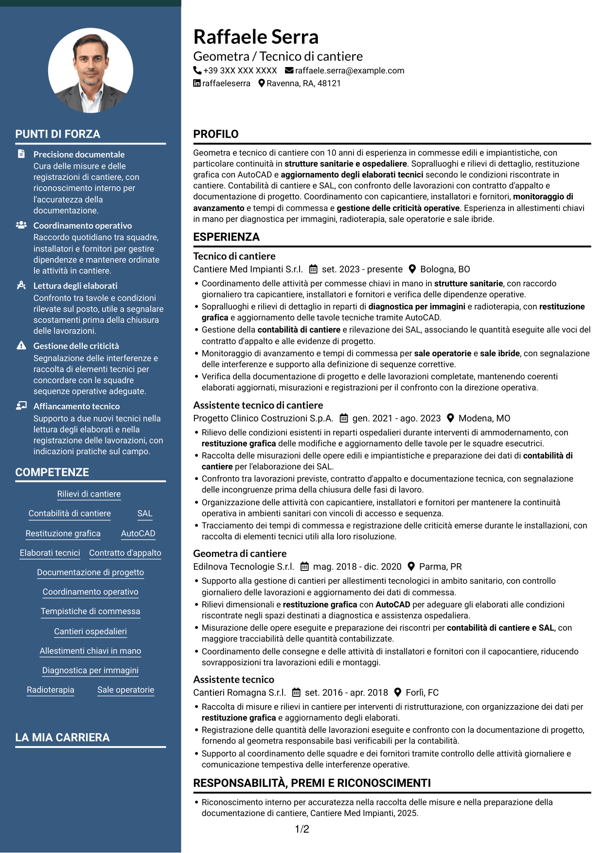 CV Elegante (formato con colonna laterale colorata e foto): Geometra / Tecnico di cantiere - Allestimenti ospedalieri, pagina 1