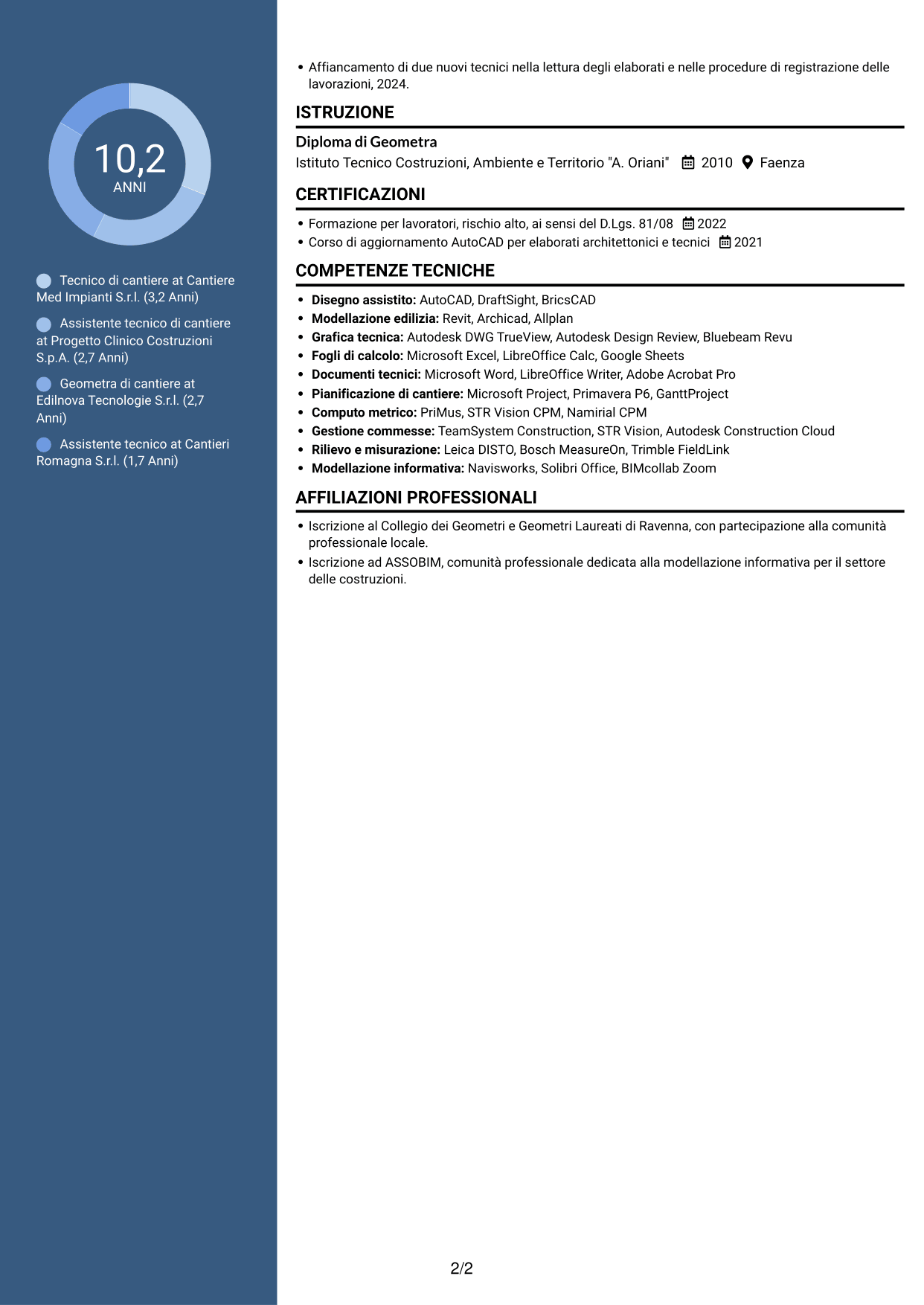 CV Elegante (formato con colonna laterale colorata e foto): Geometra / Tecnico di cantiere - Allestimenti ospedalieri, pagina 2