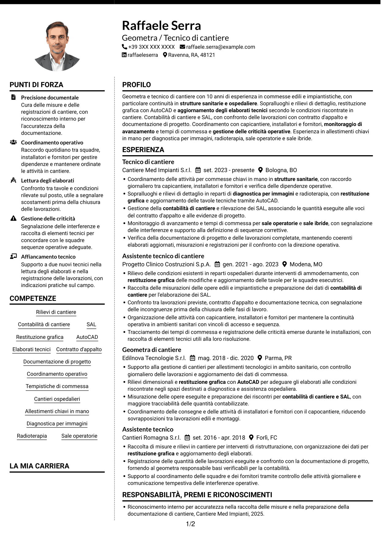 CV Moderno (formato a due colonne con foto a sinistra e separatore): Geometra / Tecnico di cantiere - Allestimenti ospedalieri, pagina 1