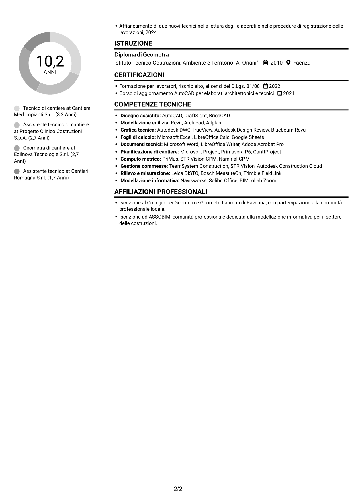 CV Moderno (formato a due colonne con foto a sinistra e separatore): Geometra / Tecnico di cantiere - Allestimenti ospedalieri, pagina 2
