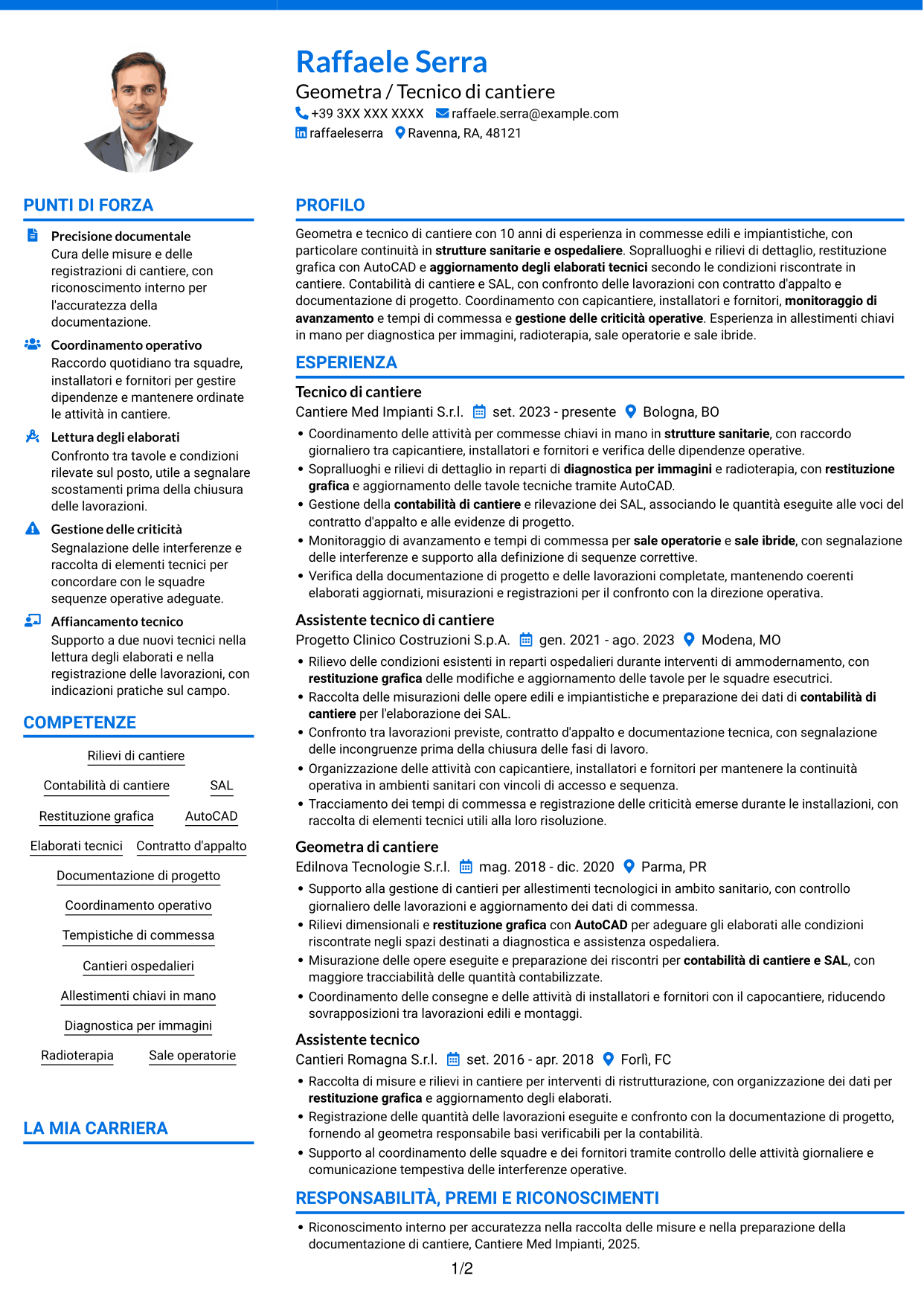 CV Audace (formato a due colonne con accenti colorati e foto): Geometra / Tecnico di cantiere - Allestimenti ospedalieri, pagina 1