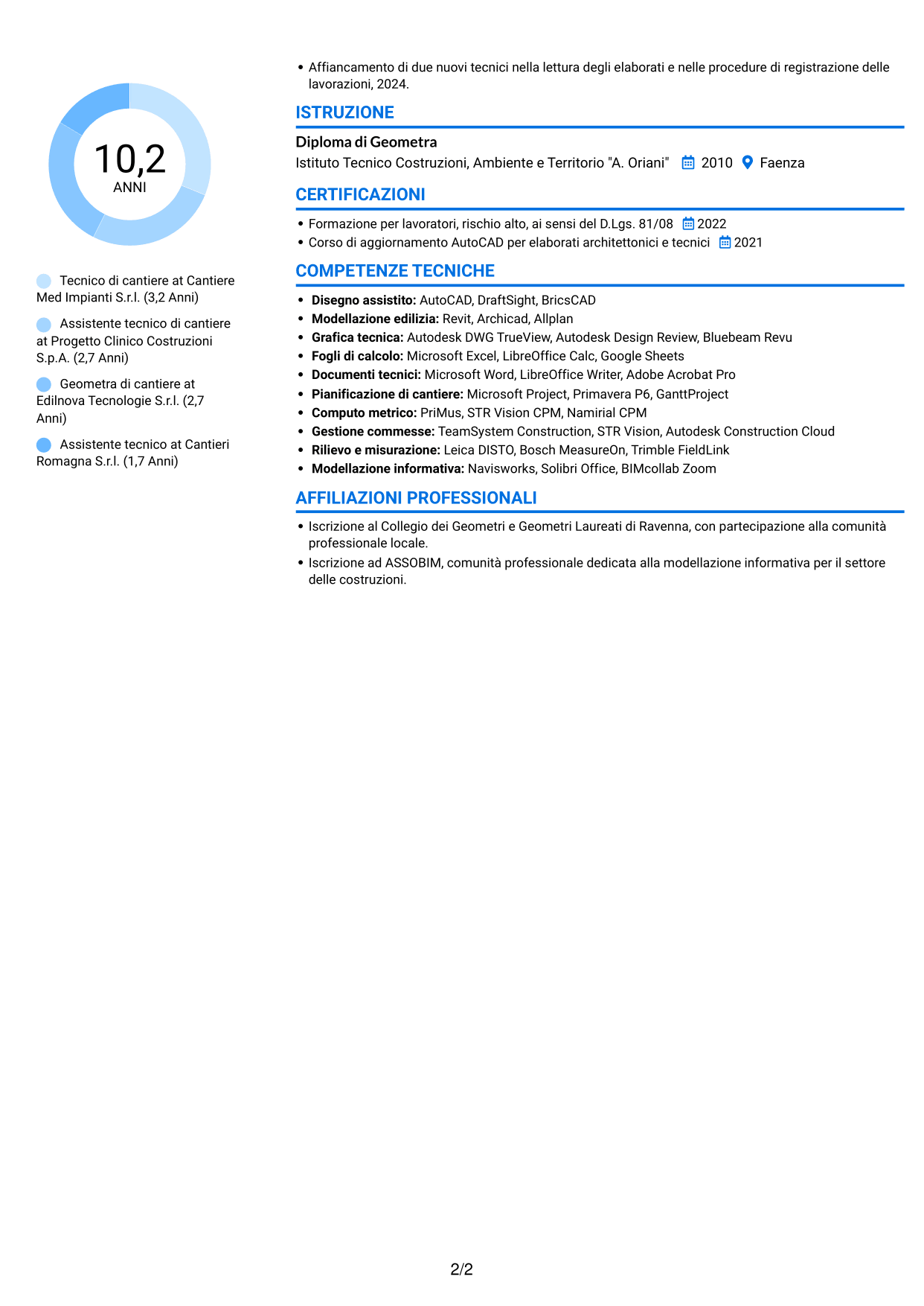 CV Audace (formato a due colonne con accenti colorati e foto): Geometra / Tecnico di cantiere - Allestimenti ospedalieri, pagina 2