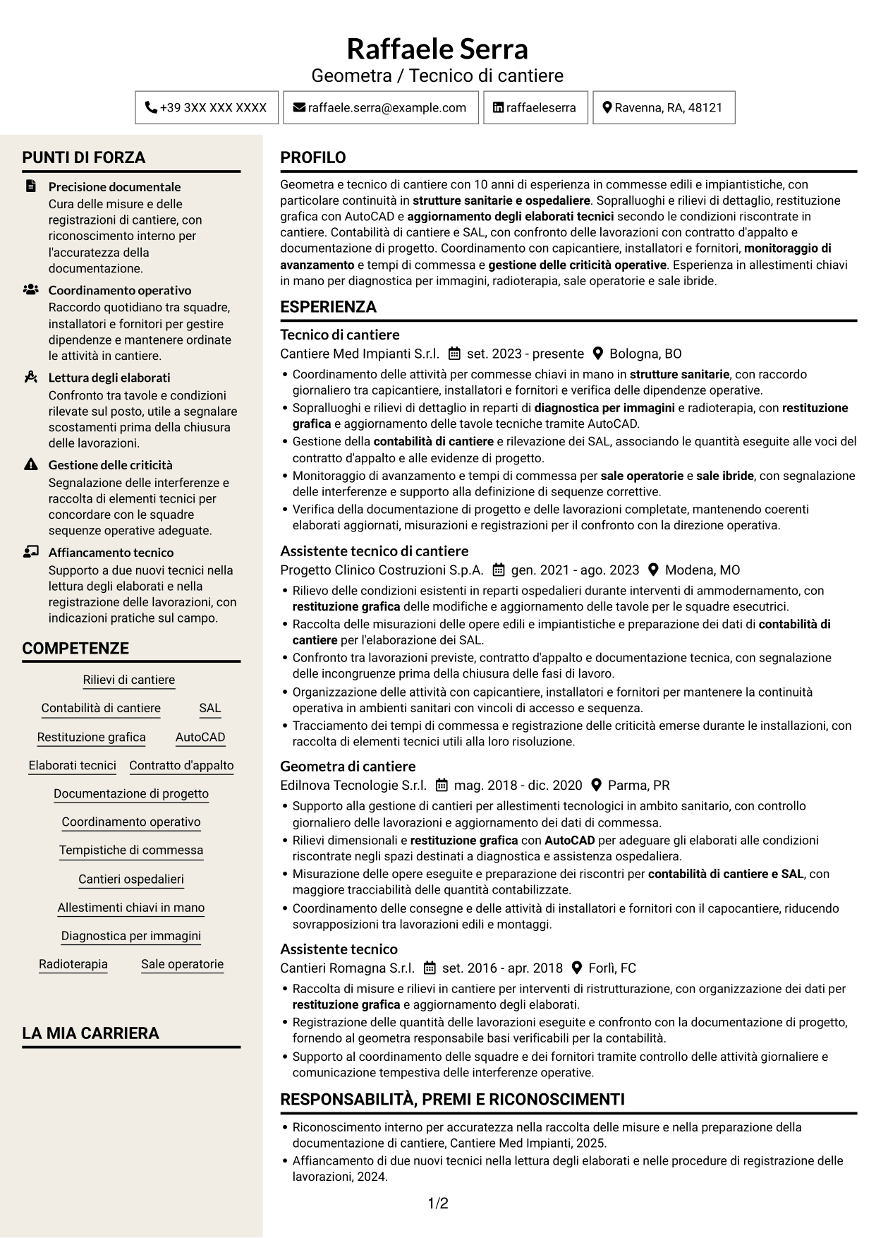 CV Intraprendente (formato a due colonne con intestazione centrata senza foto): Geometra / Tecnico di cantiere - Allestimenti ospedalieri, pagina 1