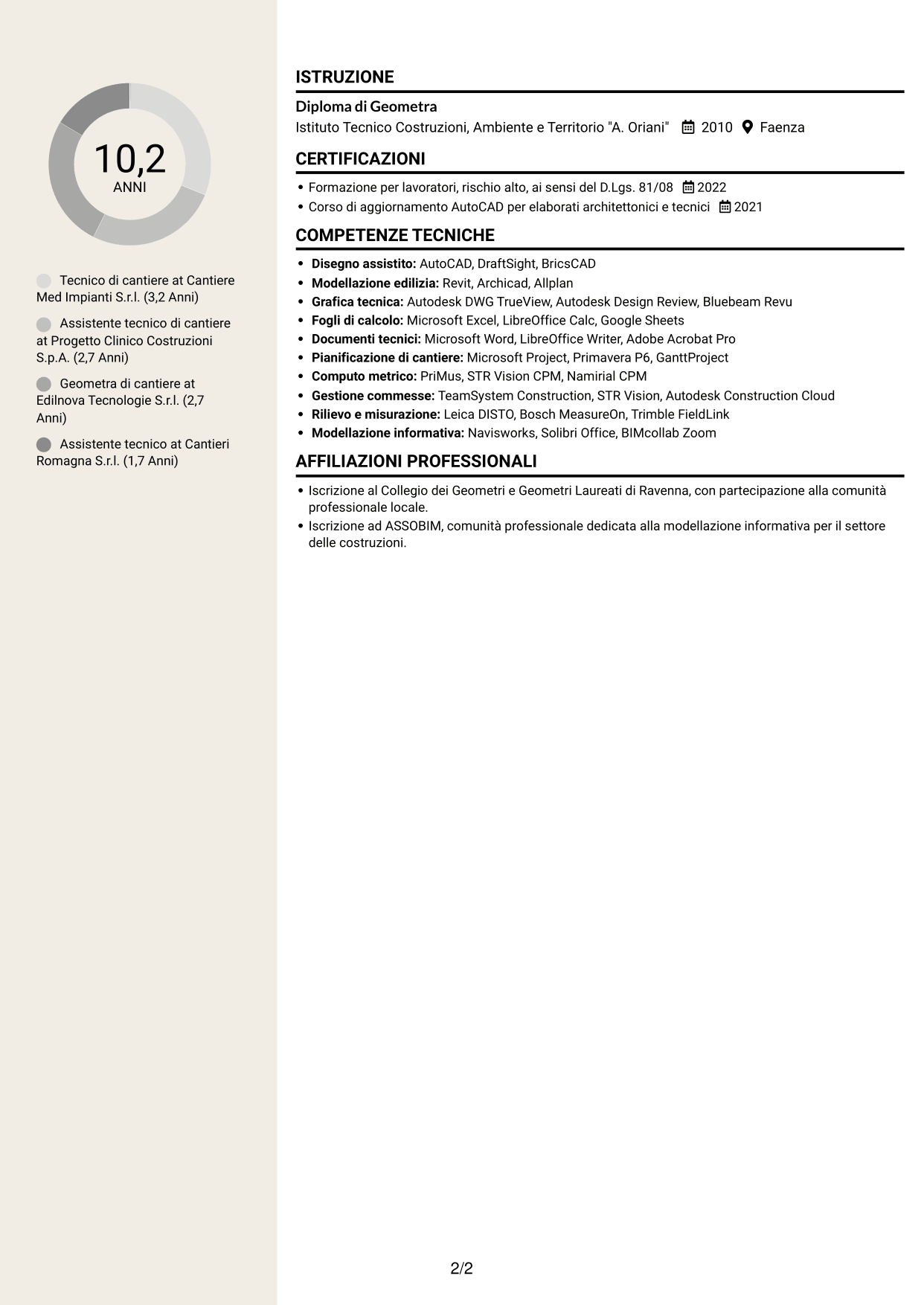 CV Intraprendente (formato a due colonne con intestazione centrata senza foto): Geometra / Tecnico di cantiere - Allestimenti ospedalieri, pagina 2