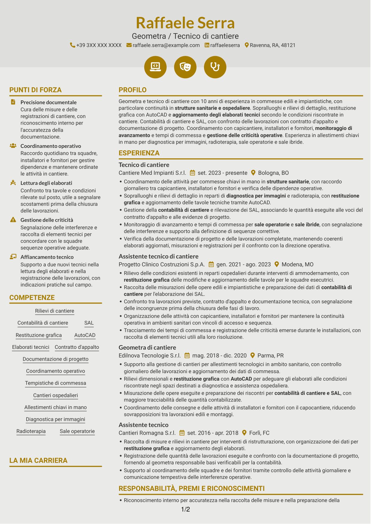CV Dinamico (formato a due colonne con icone): Geometra / Tecnico di cantiere - Allestimenti ospedalieri, pagina 1