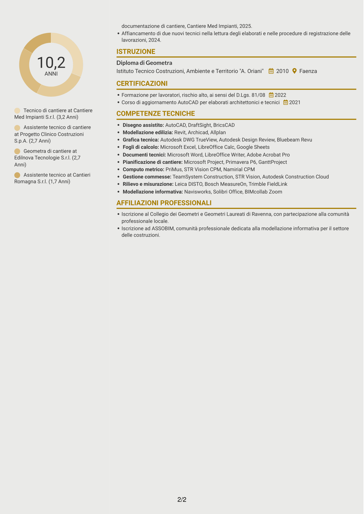 CV Dinamico (formato a due colonne con icone): Geometra / Tecnico di cantiere - Allestimenti ospedalieri, pagina 2