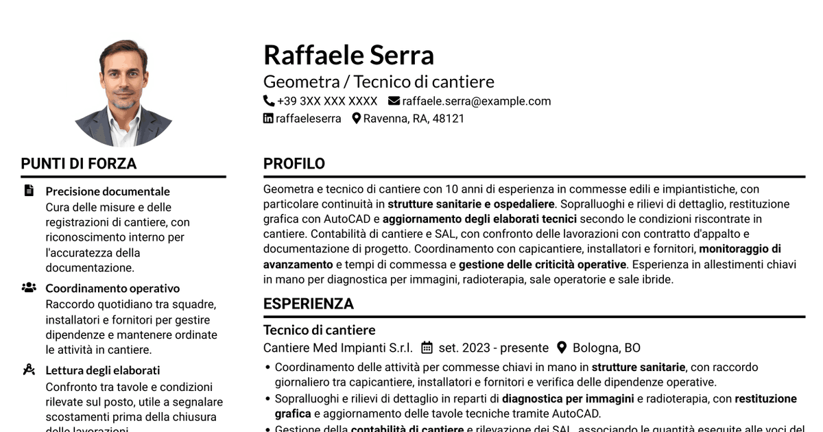 7 modelli di CV per Geometra / Tecnico di cantiere - Allestimenti ospedalieri, con esempi