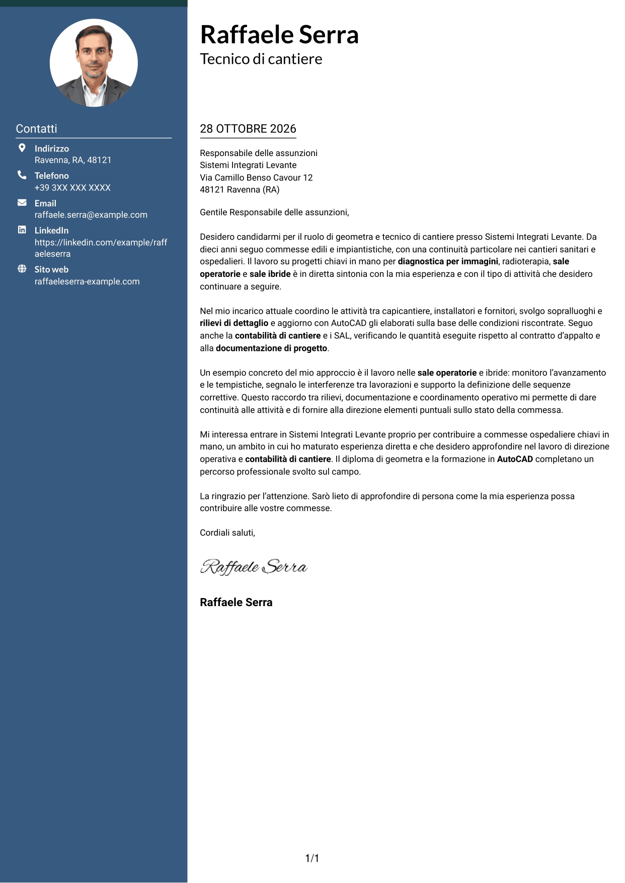 Lettera di presentazione Elegante (formato con colonna laterale colorata e foto): Geometra / Tecnico di cantiere - Allestimenti ospedalieri, pagina 1