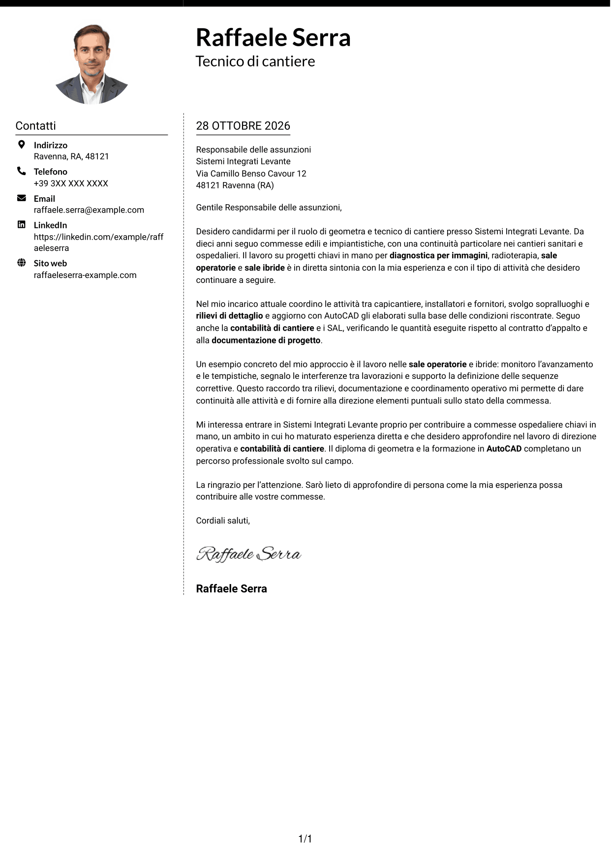 Lettera di presentazione Moderno (formato a due colonne con foto a sinistra e separatore): Geometra / Tecnico di cantiere - Allestimenti ospedalieri, pagina 1