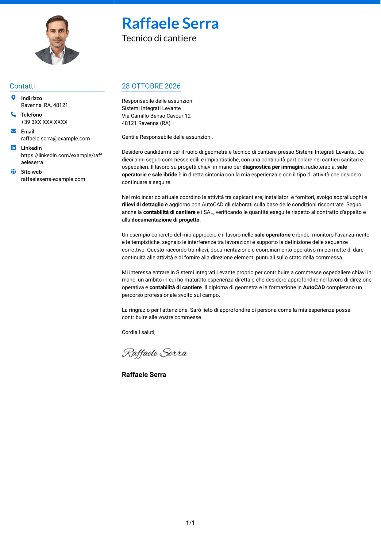 Lettera di presentazione Audace (formato a due colonne con accenti colorati e foto): Geometra / Tecnico di cantiere - Allestimenti ospedalieri, pagina 1