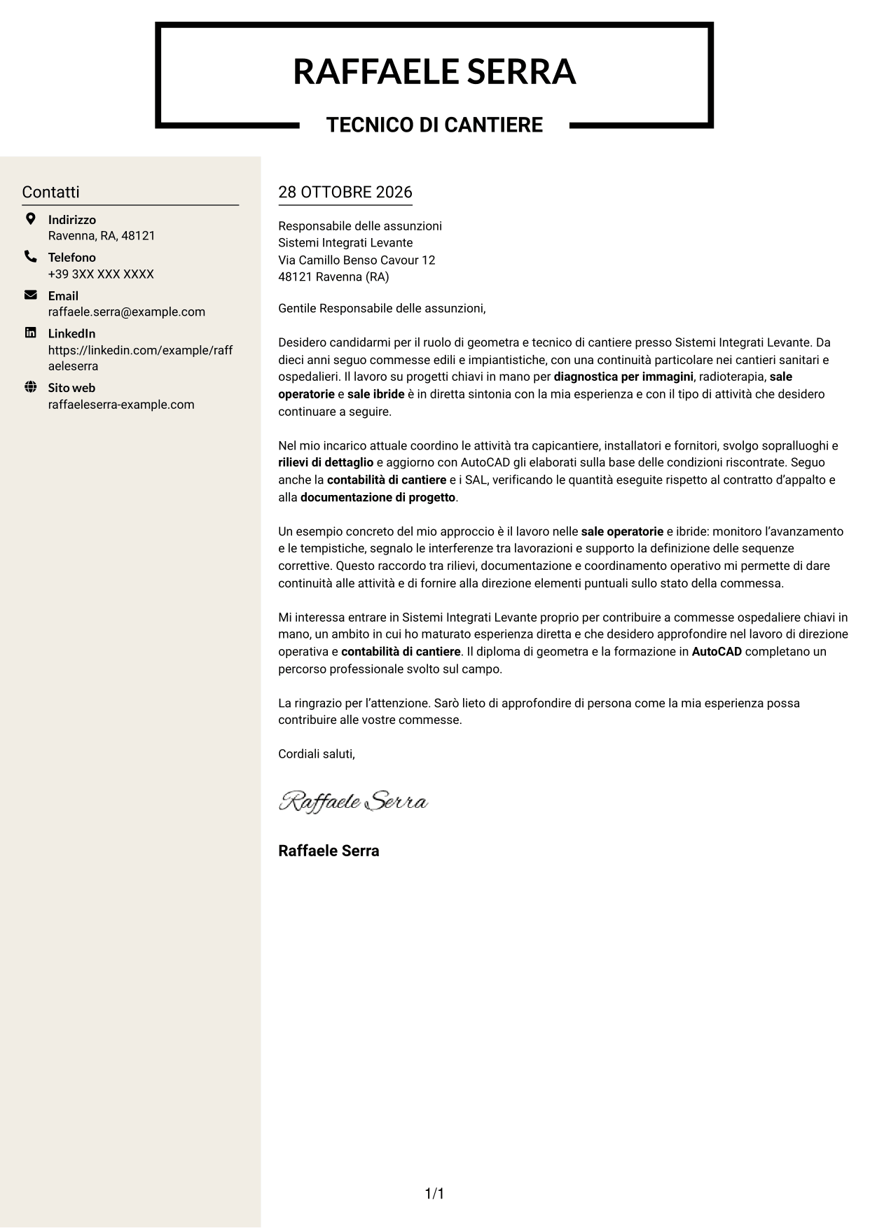 Lettera di presentazione Intraprendente (formato a due colonne con intestazione centrata senza foto): Geometra / Tecnico di cantiere - Allestimenti ospedalieri, pagina 1