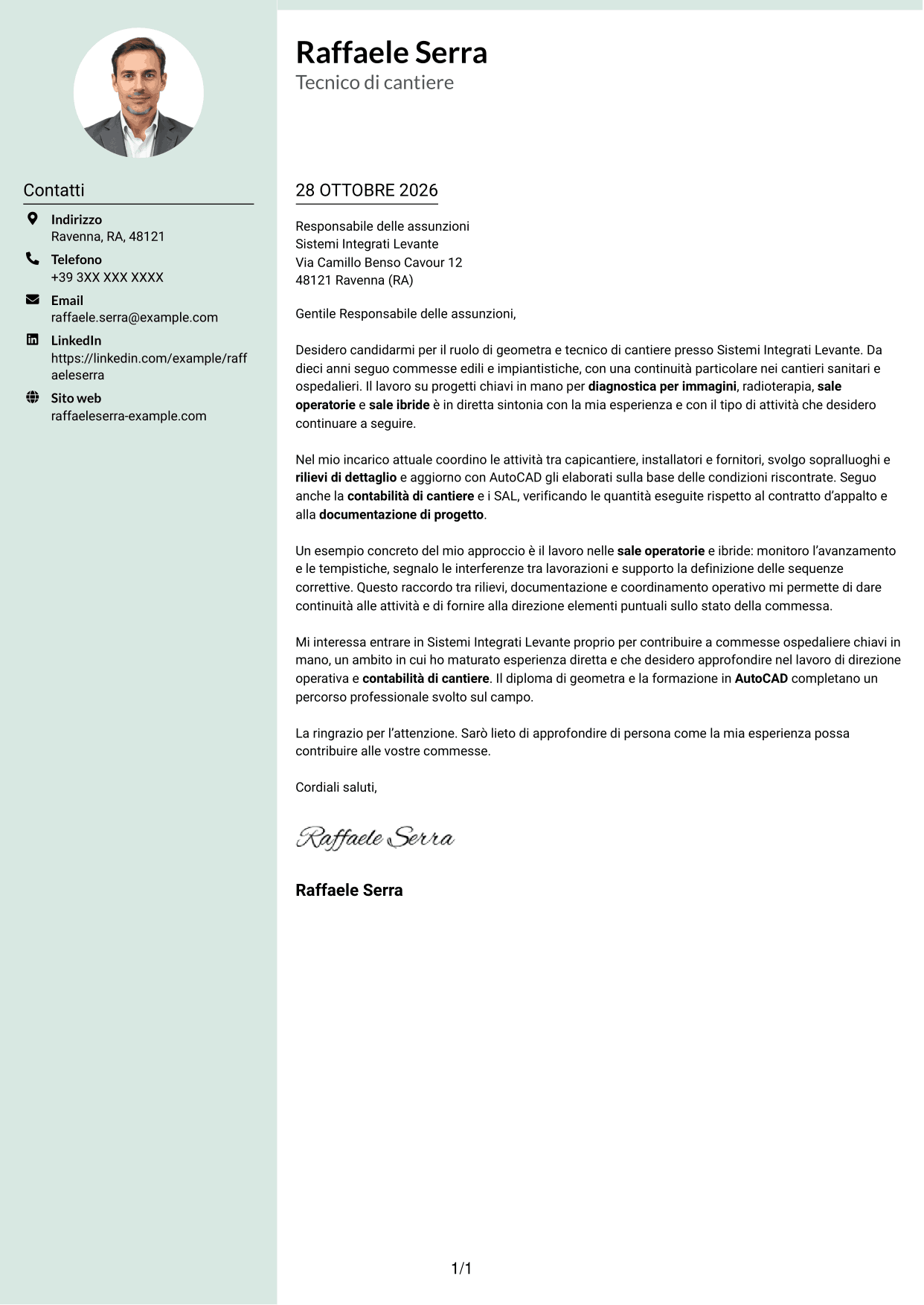 Lettera di presentazione Dirigente (formato con colonna laterale tenue e foto arrotondata): Geometra / Tecnico di cantiere - Allestimenti ospedalieri, pagina 1
