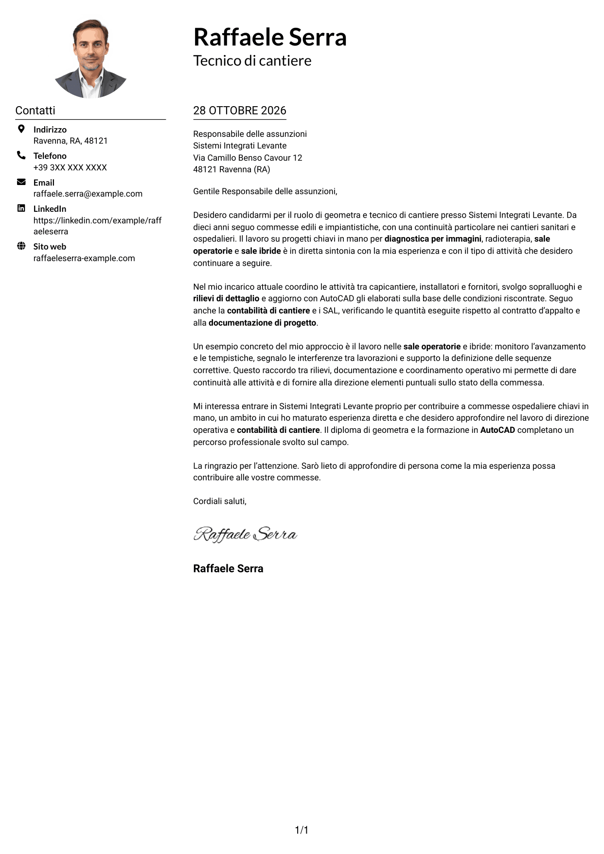 Esempio di lettera di presentazione — pagina 1