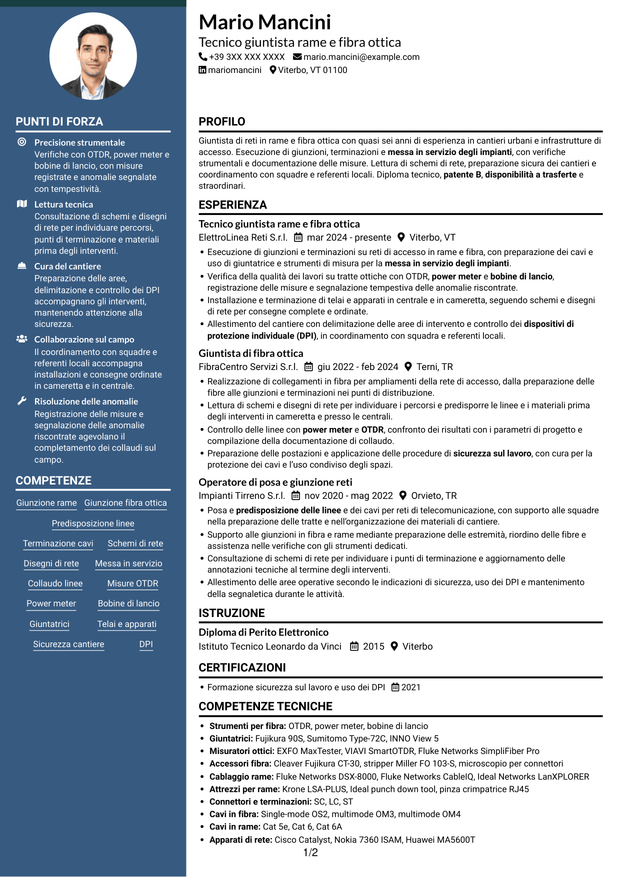 CV Elegante (formato con colonna laterale colorata e foto): Giuntista Junior - Rame e Fibra Ottica, pagina 1