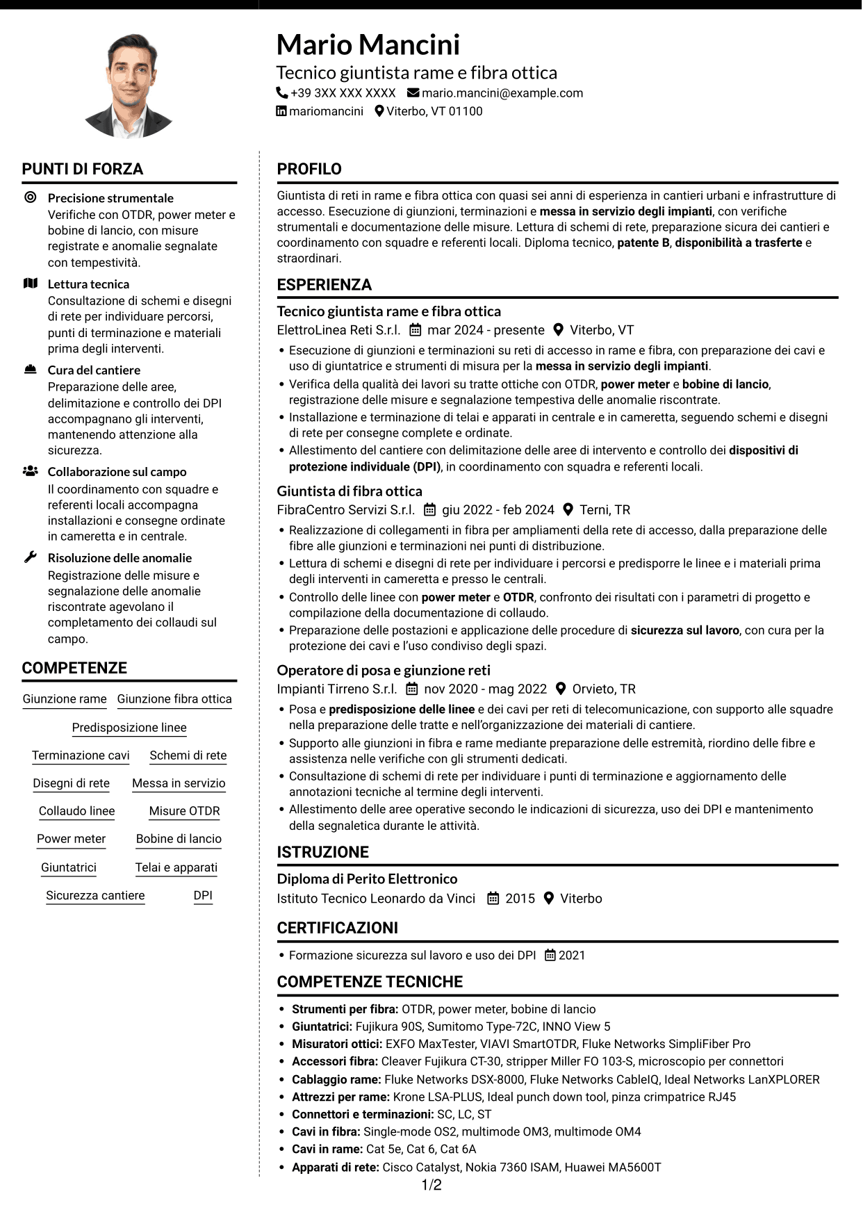 CV Moderno (formato a due colonne con foto a sinistra e separatore): Giuntista Junior - Rame e Fibra Ottica, pagina 1
