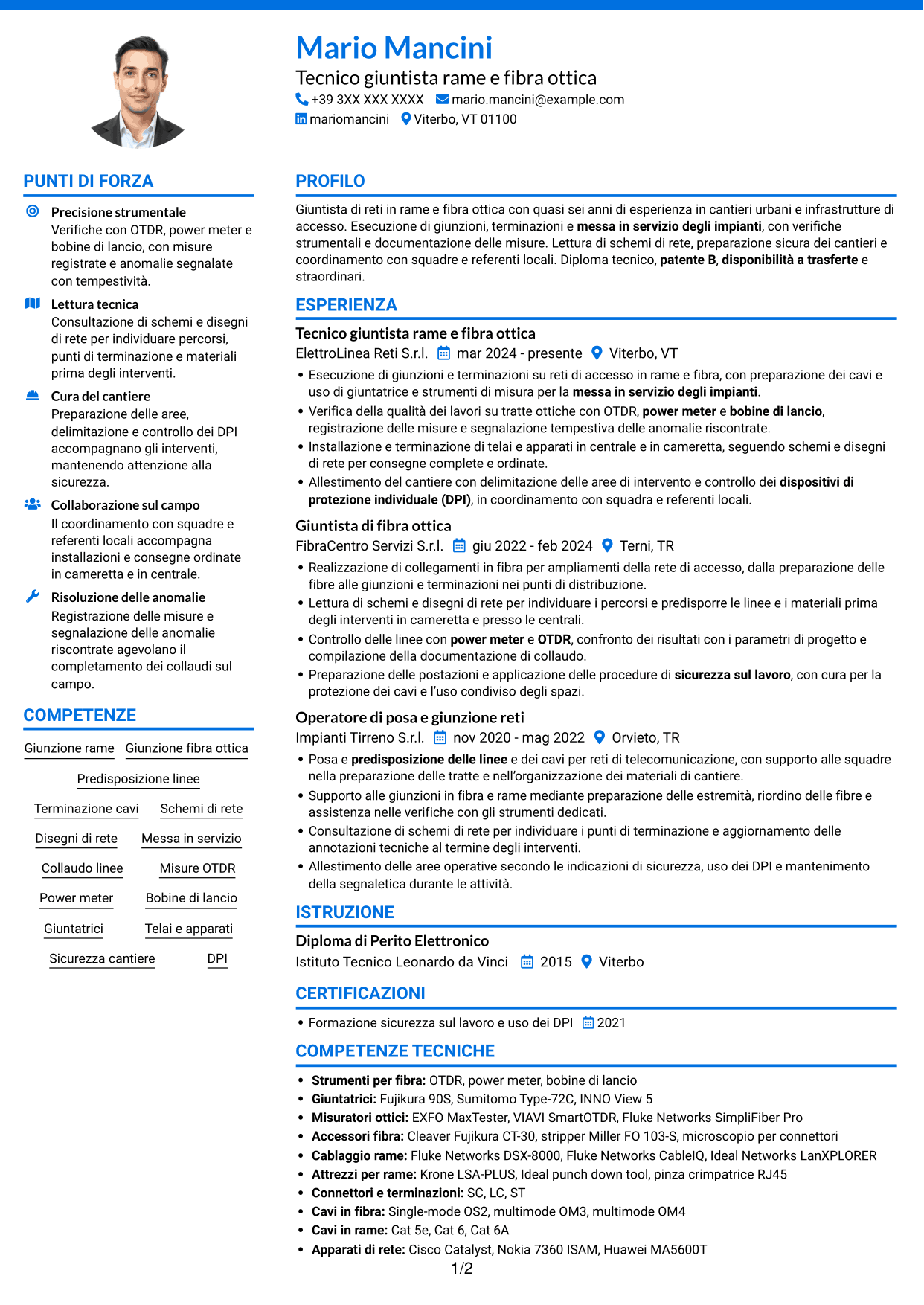 CV Audace (formato a due colonne con accenti colorati e foto): Giuntista Junior - Rame e Fibra Ottica, pagina 1