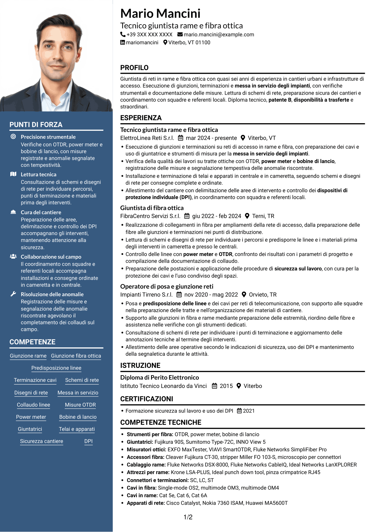 CV Signature (formato con colonna laterale colorata e foto grande): Giuntista Junior - Rame e Fibra Ottica, pagina 1
