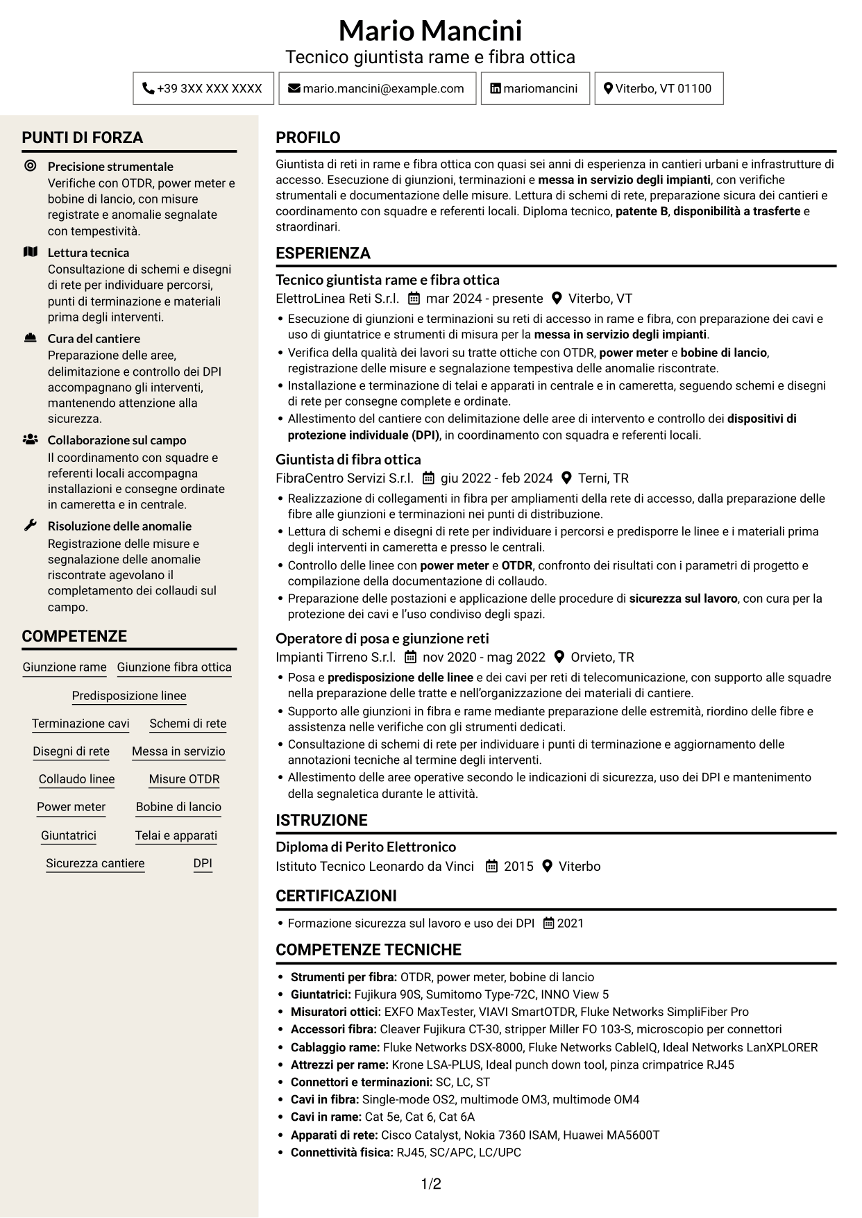 CV Intraprendente (formato a due colonne con intestazione centrata senza foto): Giuntista Junior - Rame e Fibra Ottica, pagina 1