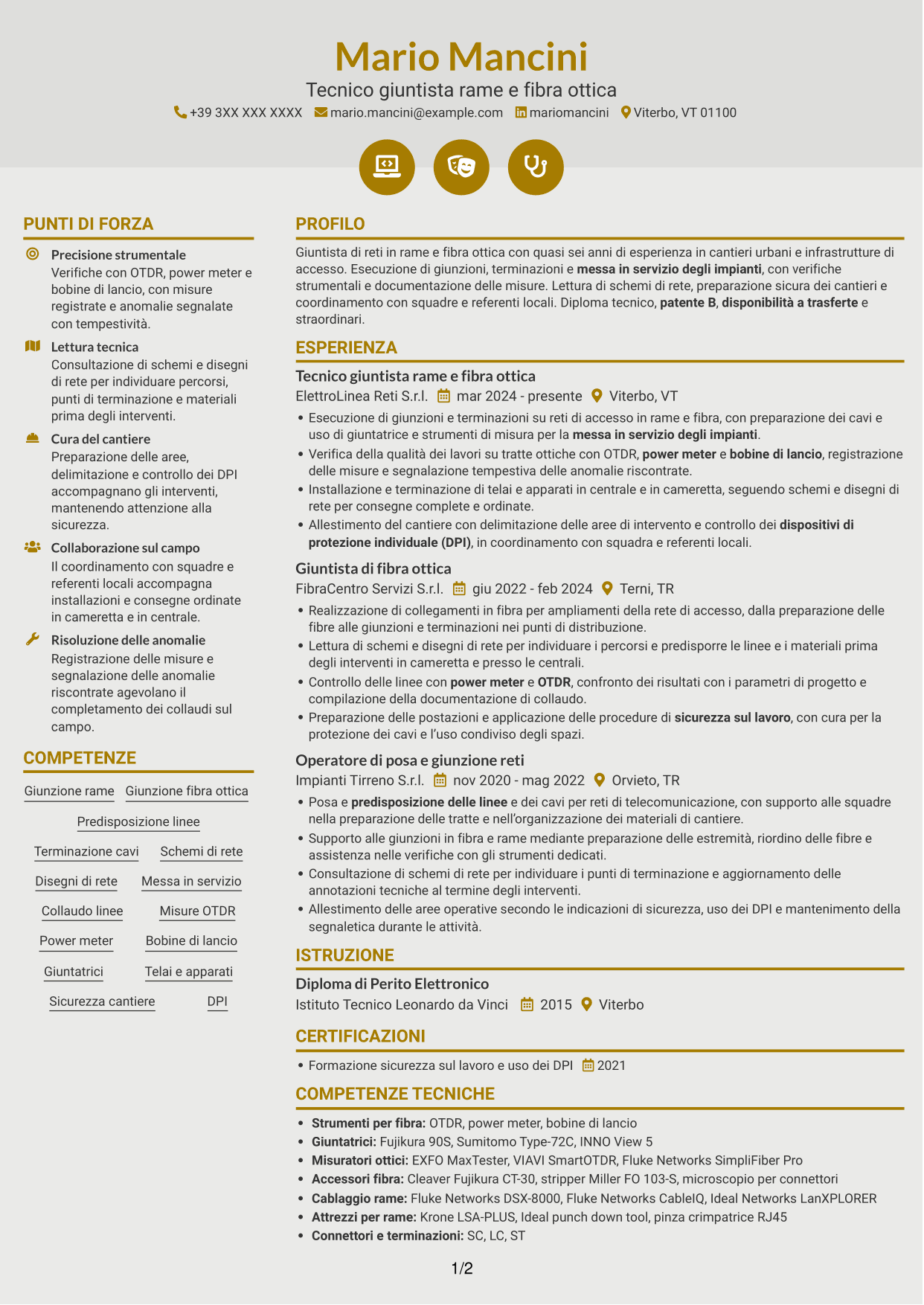 CV Dinamico (formato a due colonne con icone): Giuntista Junior - Rame e Fibra Ottica, pagina 1
