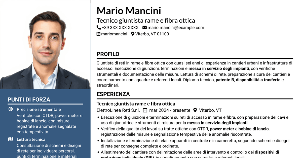 7 modelli di CV per Giuntista Junior - Rame e Fibra Ottica, con esempi