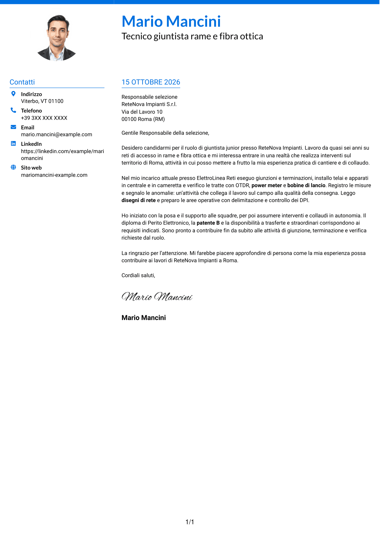 Lettera di presentazione Audace (formato a due colonne con accenti colorati e foto): Giuntista Junior - Rame e Fibra Ottica, pagina 1