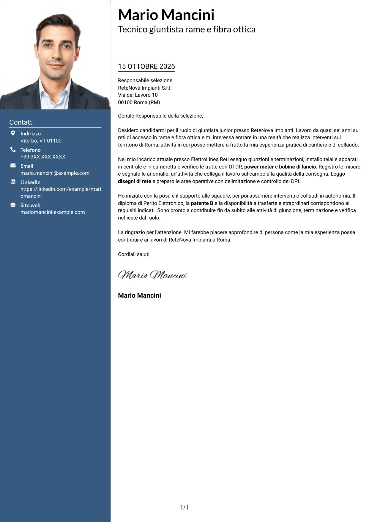 Lettera di presentazione Signature (formato con colonna laterale colorata e foto grande): Giuntista Junior - Rame e Fibra Ottica, pagina 1